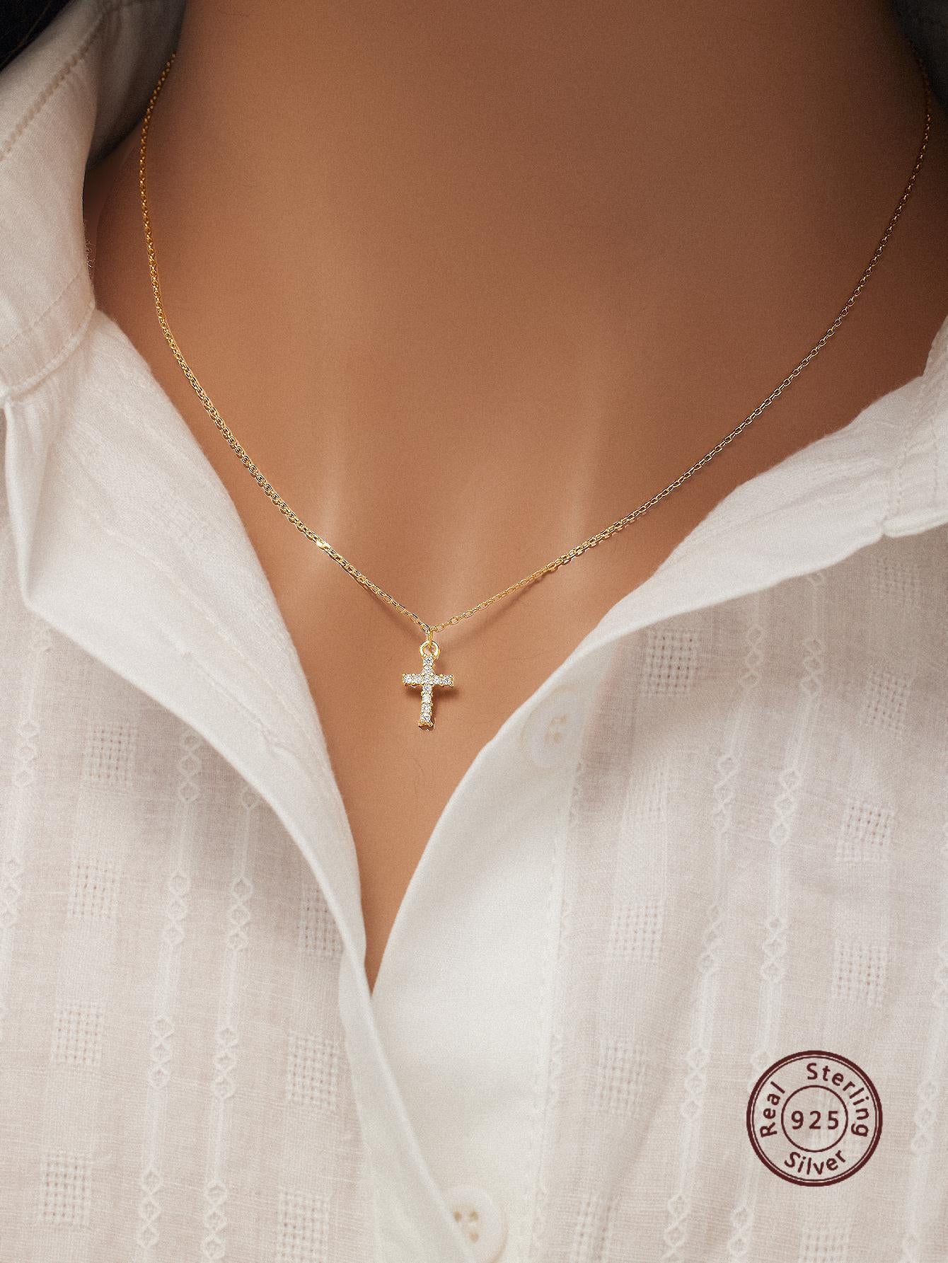 1pc Minimalist Cross Rhinestone Inlaid Sterling Silver Pendant Necklace For Women For Daily Decoration Commuting