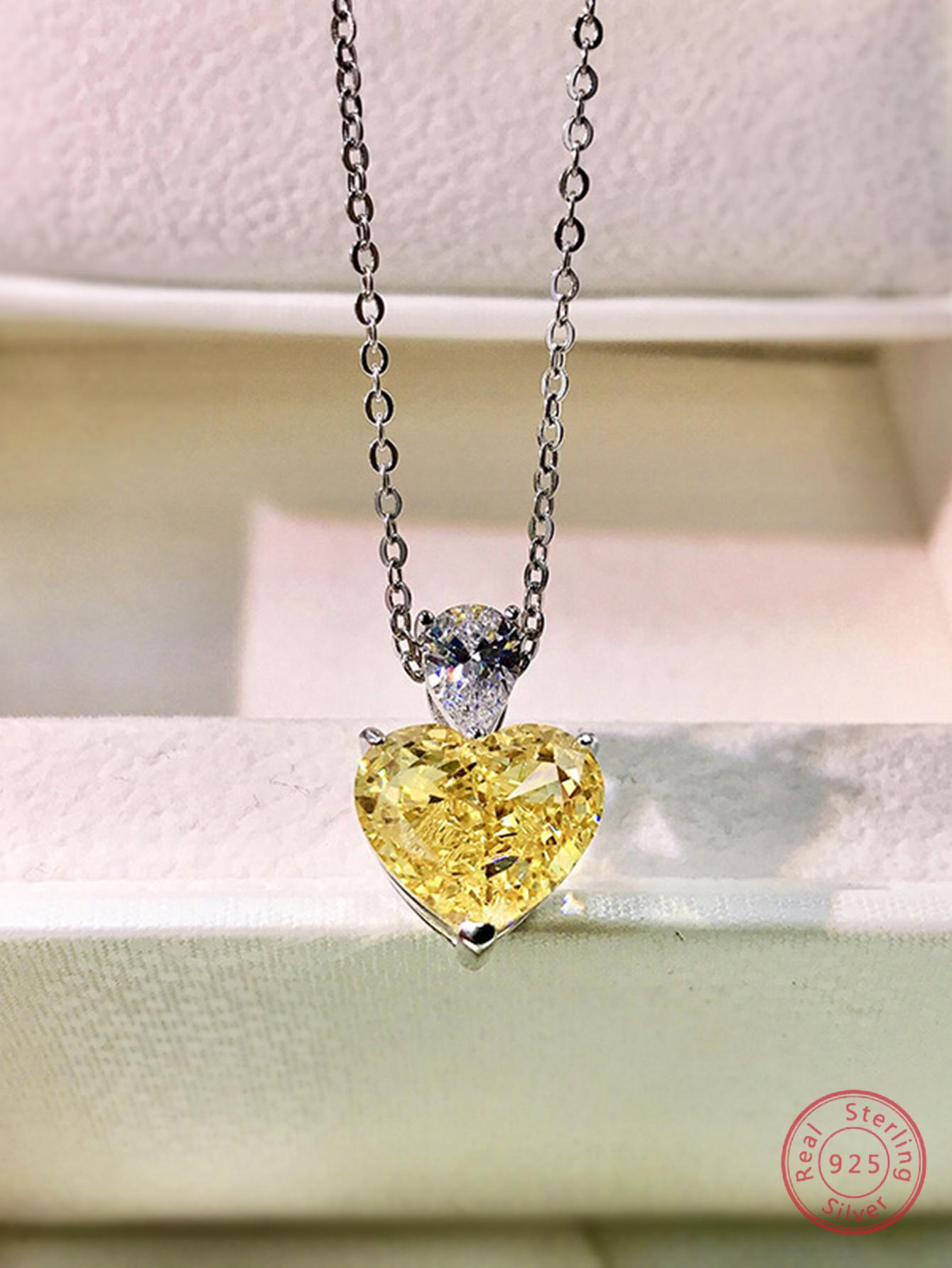 1pc Elegant Yellow Heart Rhinestone Sterling Silver Pendant Necklace For Women For Daily Decoration Valentine's Day Gift