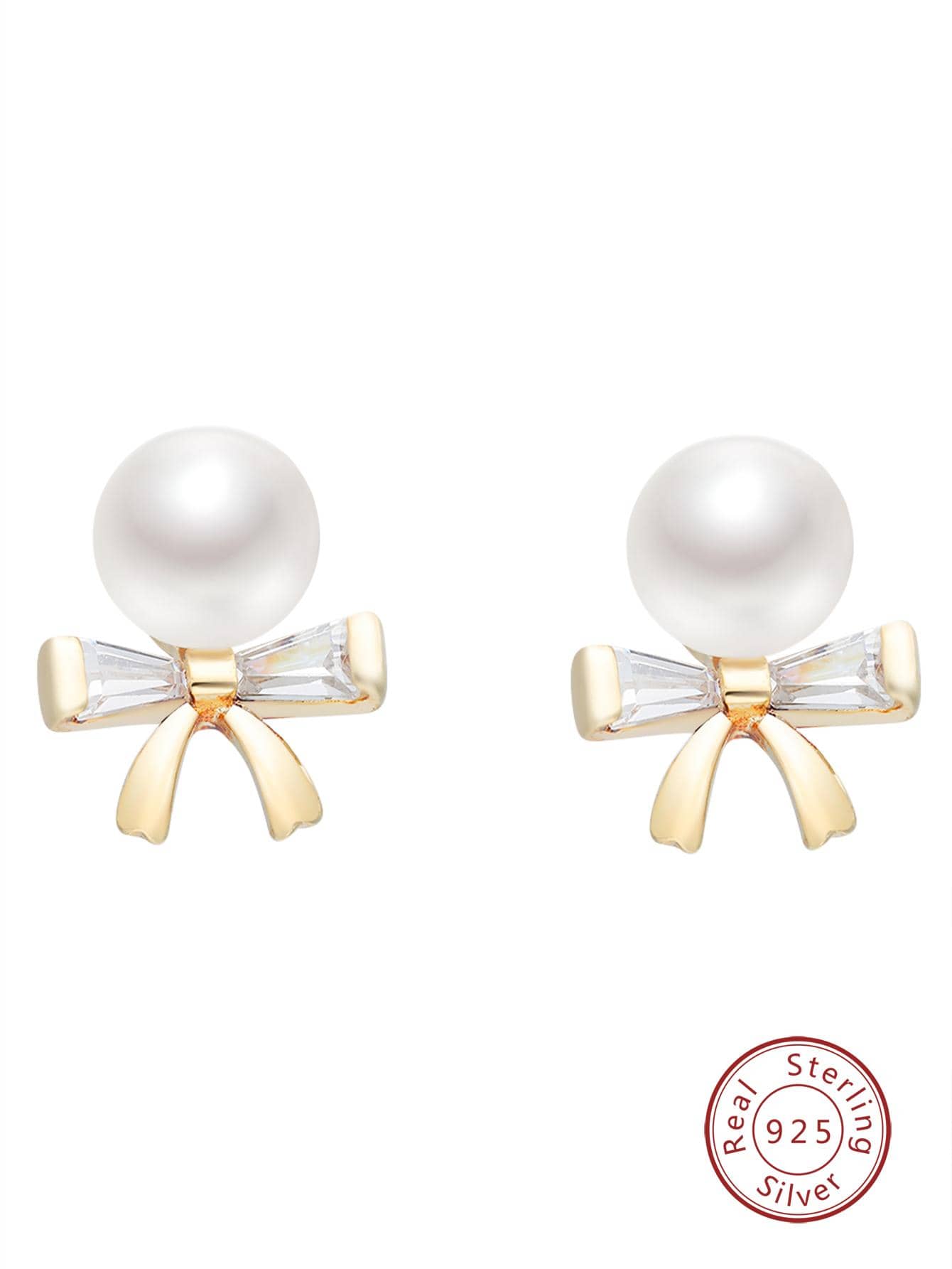 1pair Elegant Cultured Pearl & Bow Decor Sterling Silver Stud Earrings For Women For Daily Decoration