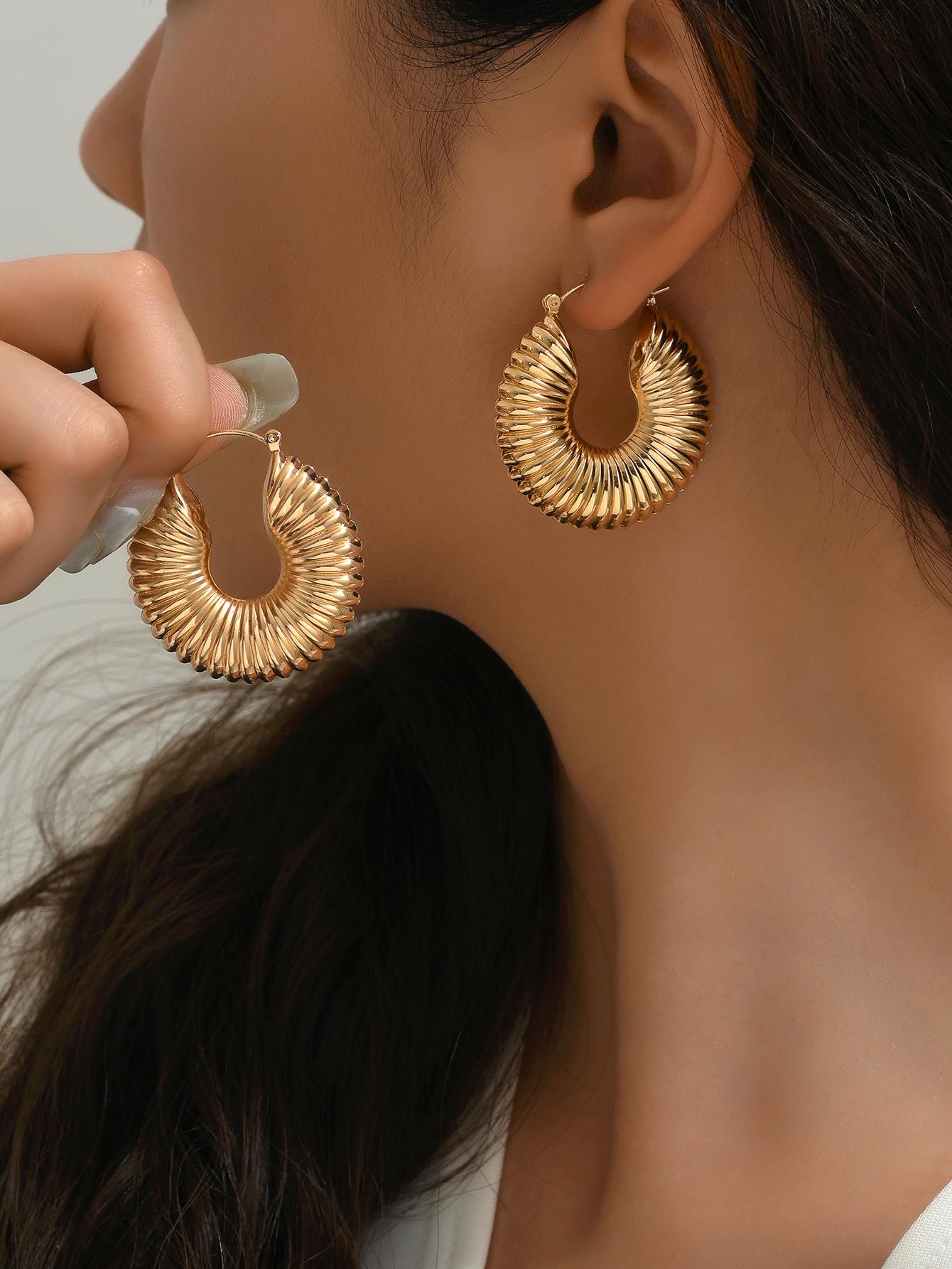 1pair Fashion Plastic Textured Hoop Earrings For Women For Daily Life-Yellow Gold-1