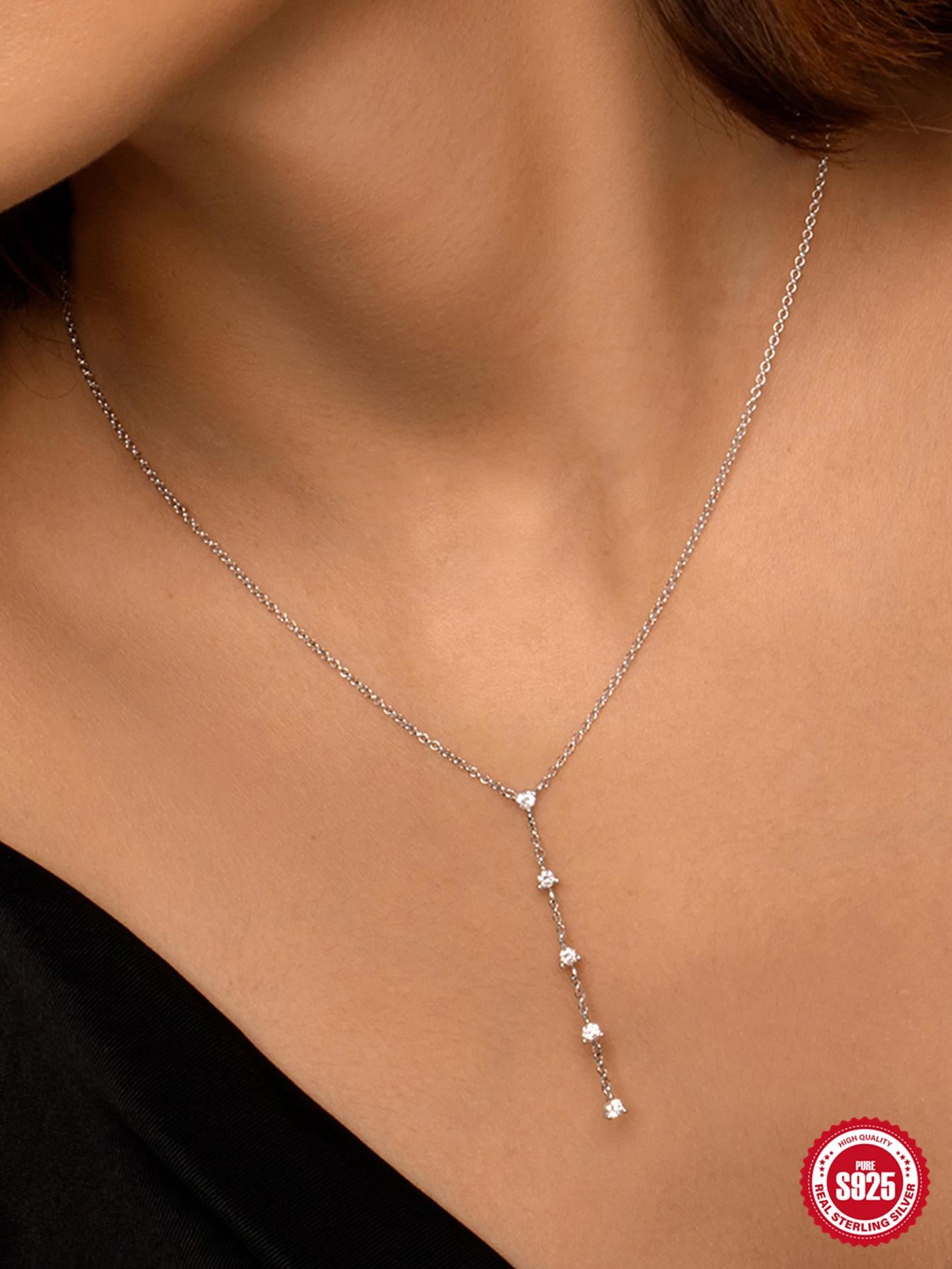 1pc Fashionable Cubic Zirconia Charm Silver Y Lariat Necklace For Women For Daily Decoration