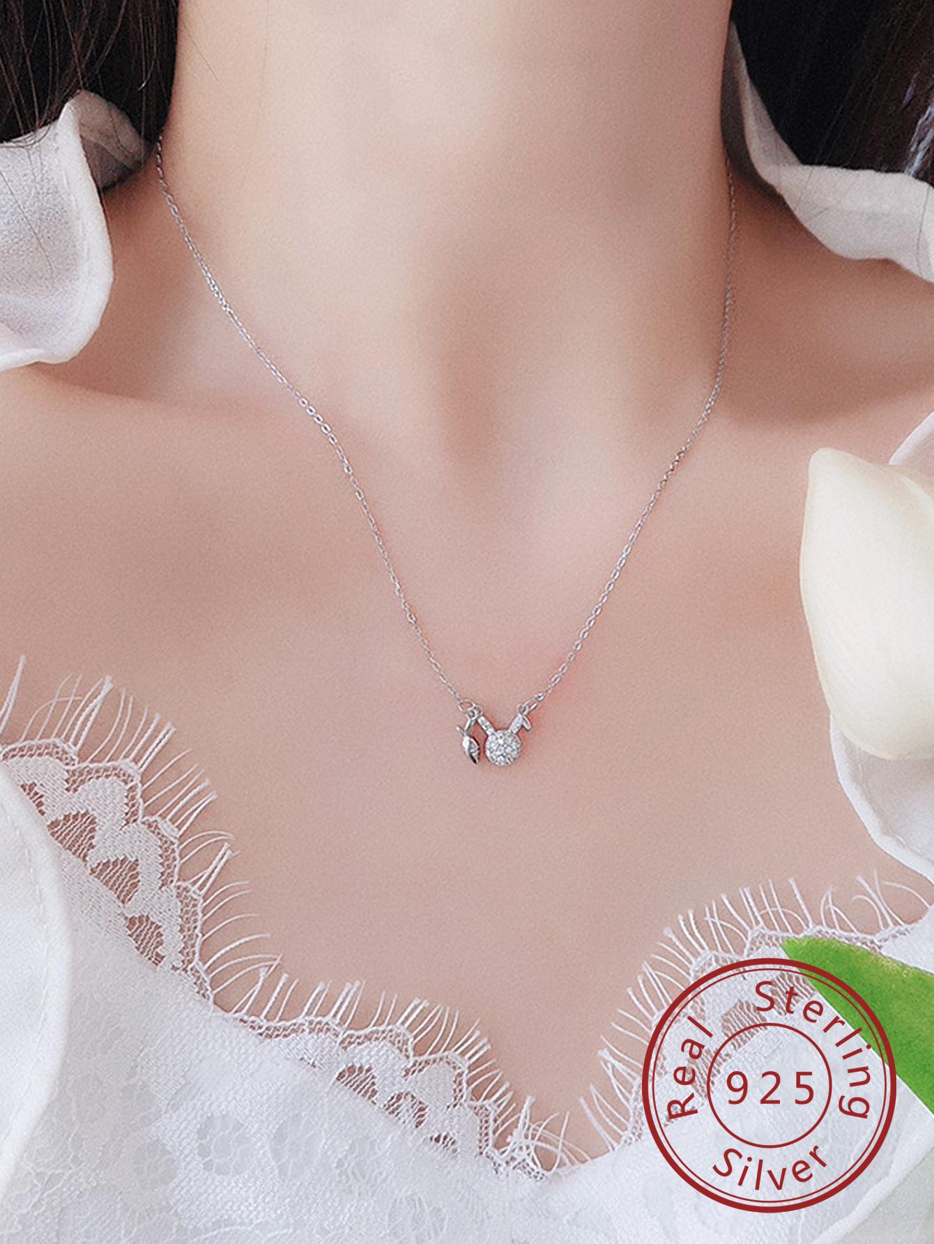 1pc Fashionable Cubic Zirconia Rabbit & Carrot Decor Sterling Silver Pendant Necklace For Women For Party, Exquisite Valentine's Day Gift