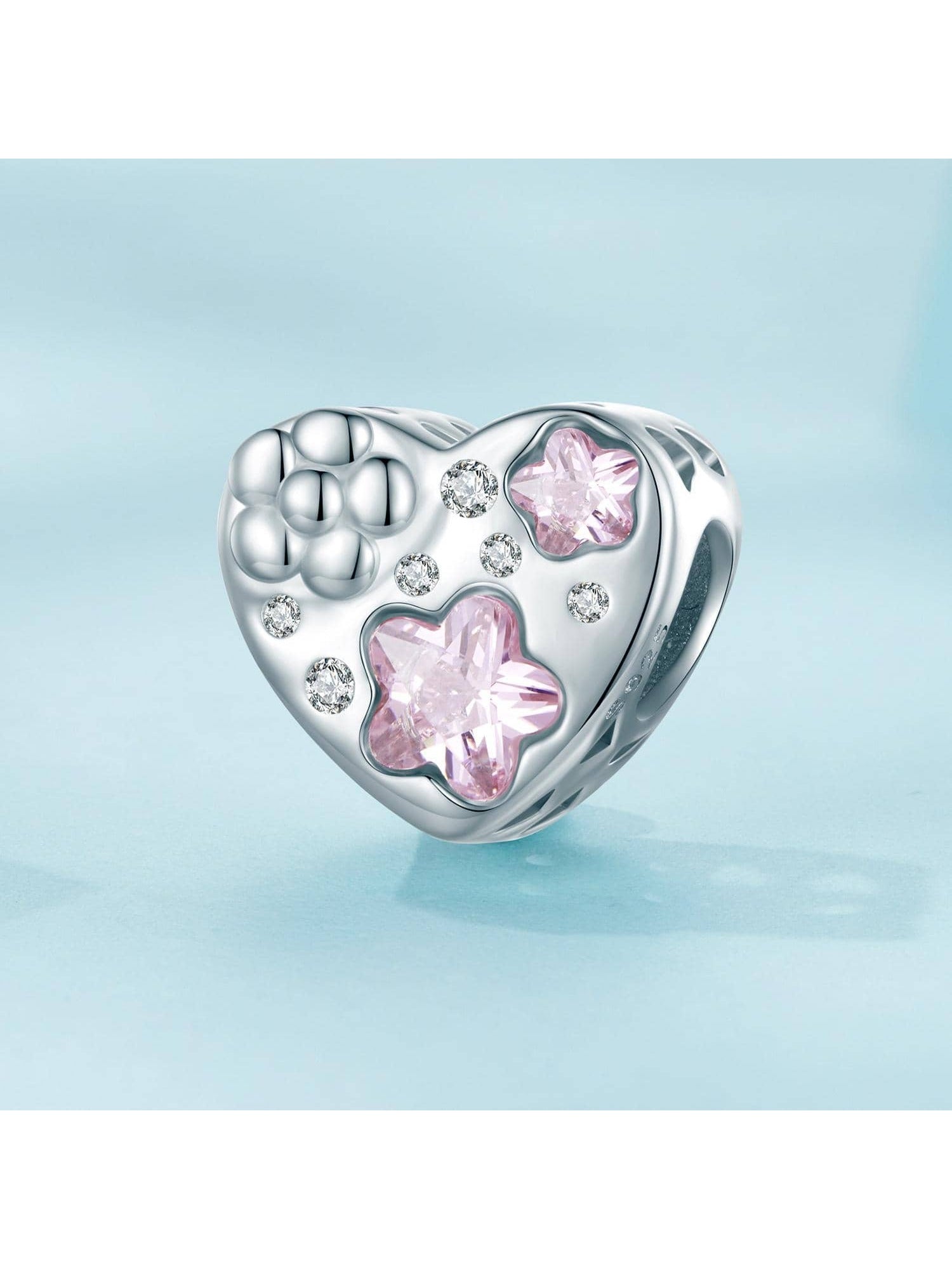 1pc 925 Sterling Silver Heart-shaped Bead Pink Cubic Zirconia Star and Flower Charm for Women Bracelet and Bangle DIY Jewelry