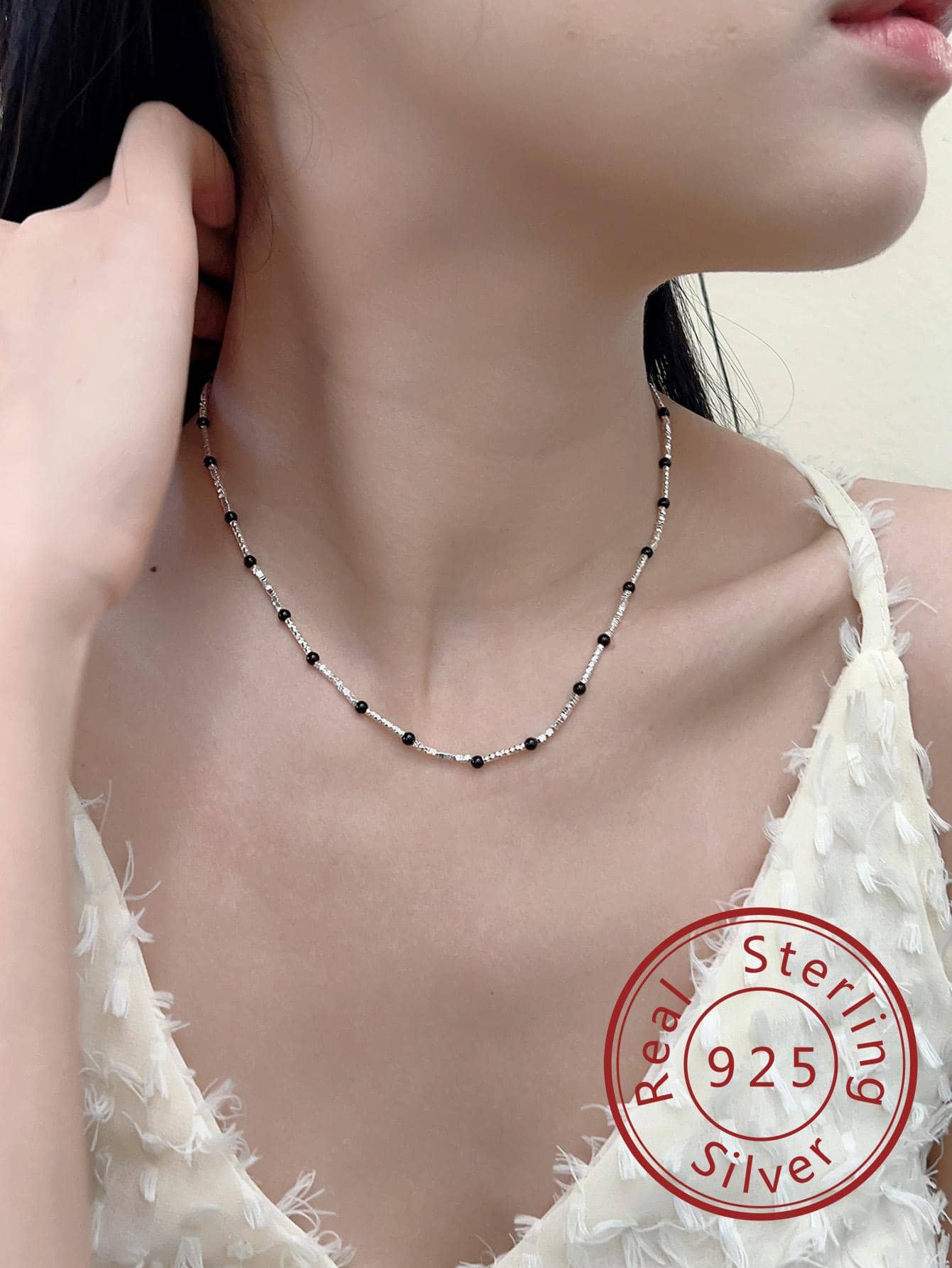 1pc Fashionable Two Tone Sterling Silver Beaded Necklace For Women For Daily Decoration