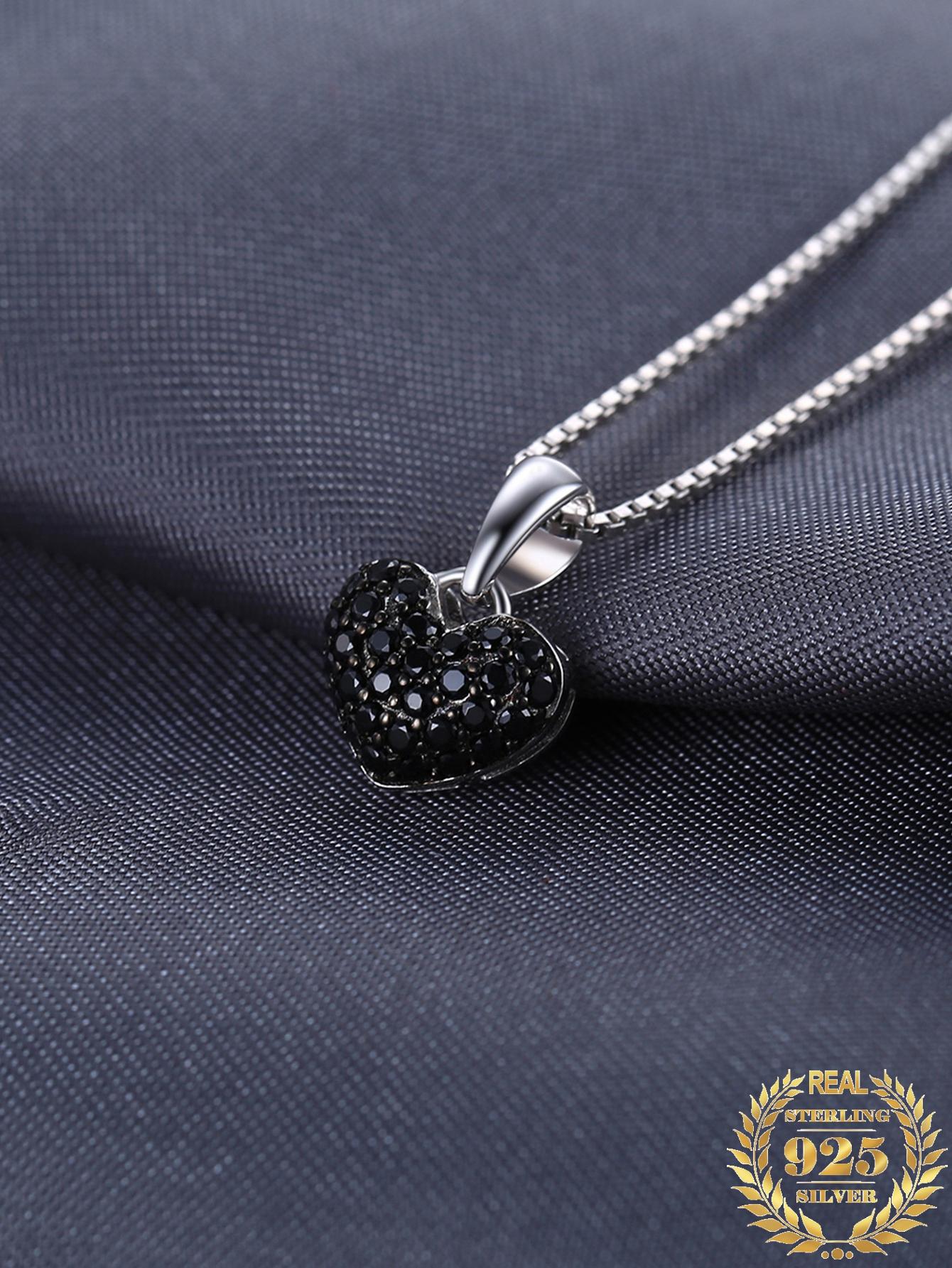 1pc Elegant and Simple Sterling Silver Love Heart Design Exquisite Round Cut Natural Black Spinel Silver Pendant Necklace For Women For Daily Decoration For Dating Gift Fine Jewelry