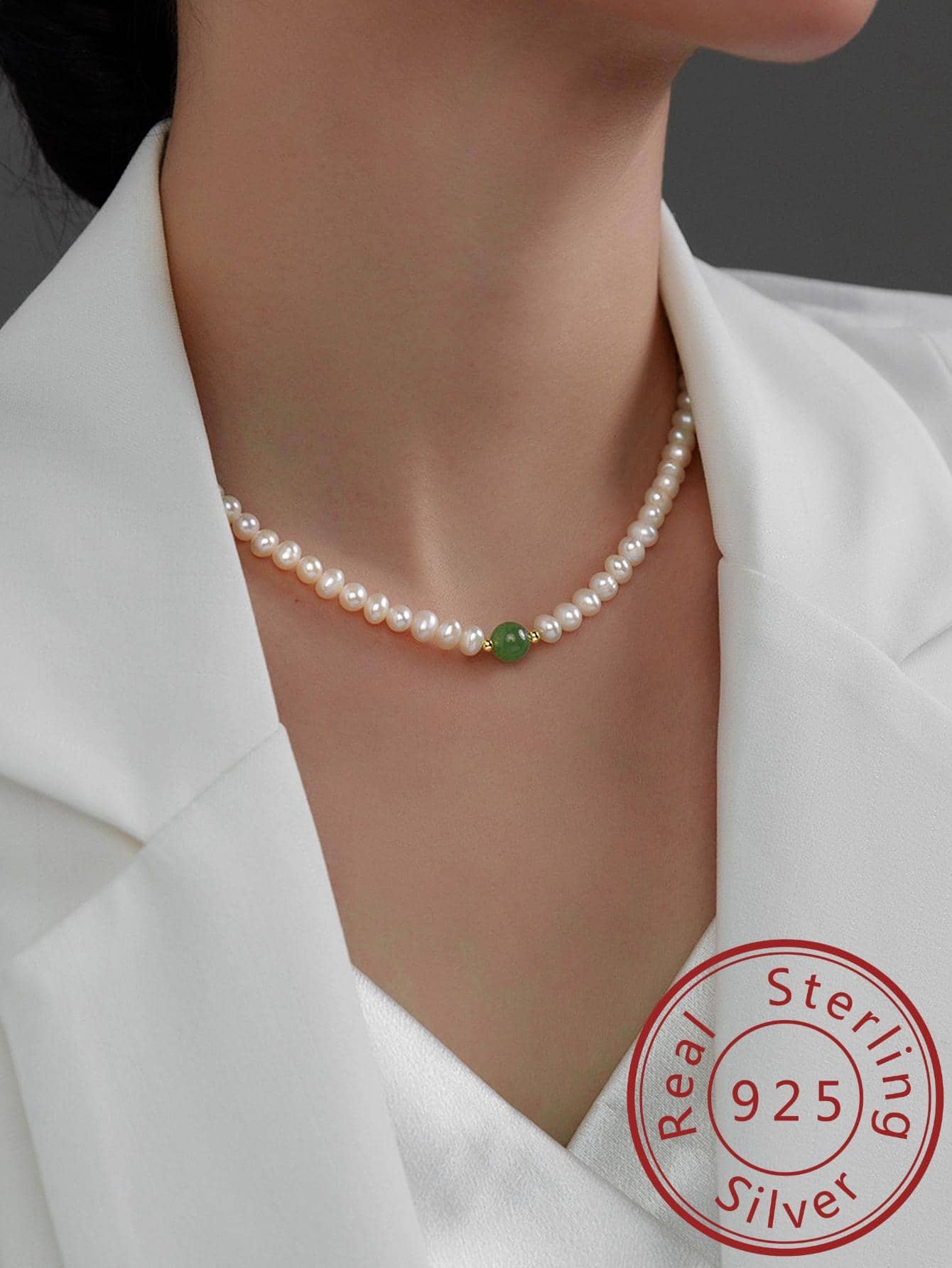 1pc Random Elegant Stone Decor Cultured Pearl Beaded Sterling Silver Necklace For Women For Gift