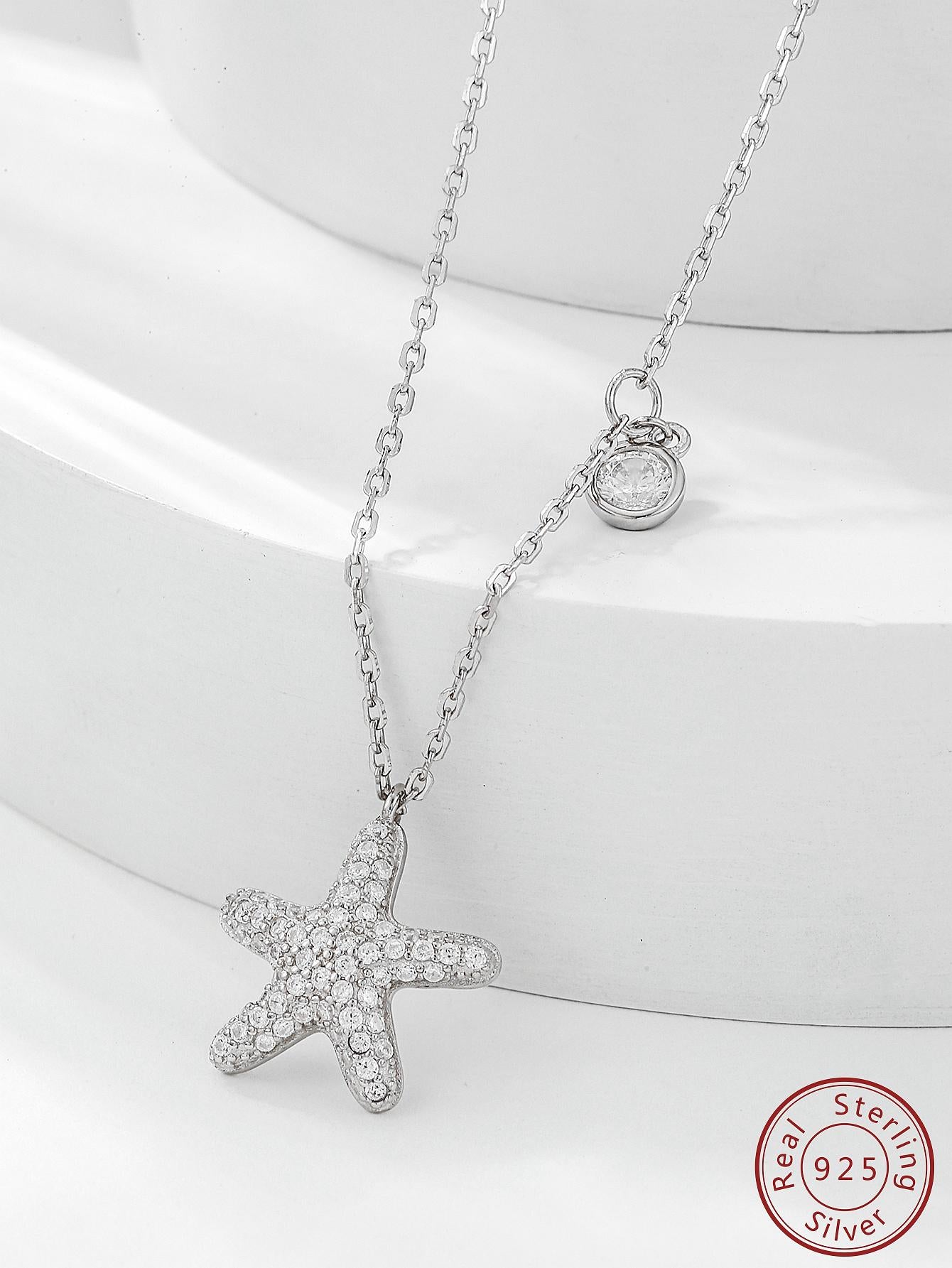 1pc Glamorous Cubic Zirconia Starfish Sterling Silver Pendant Necklace For Women For Party, Exquisite Valentine's Day Gift