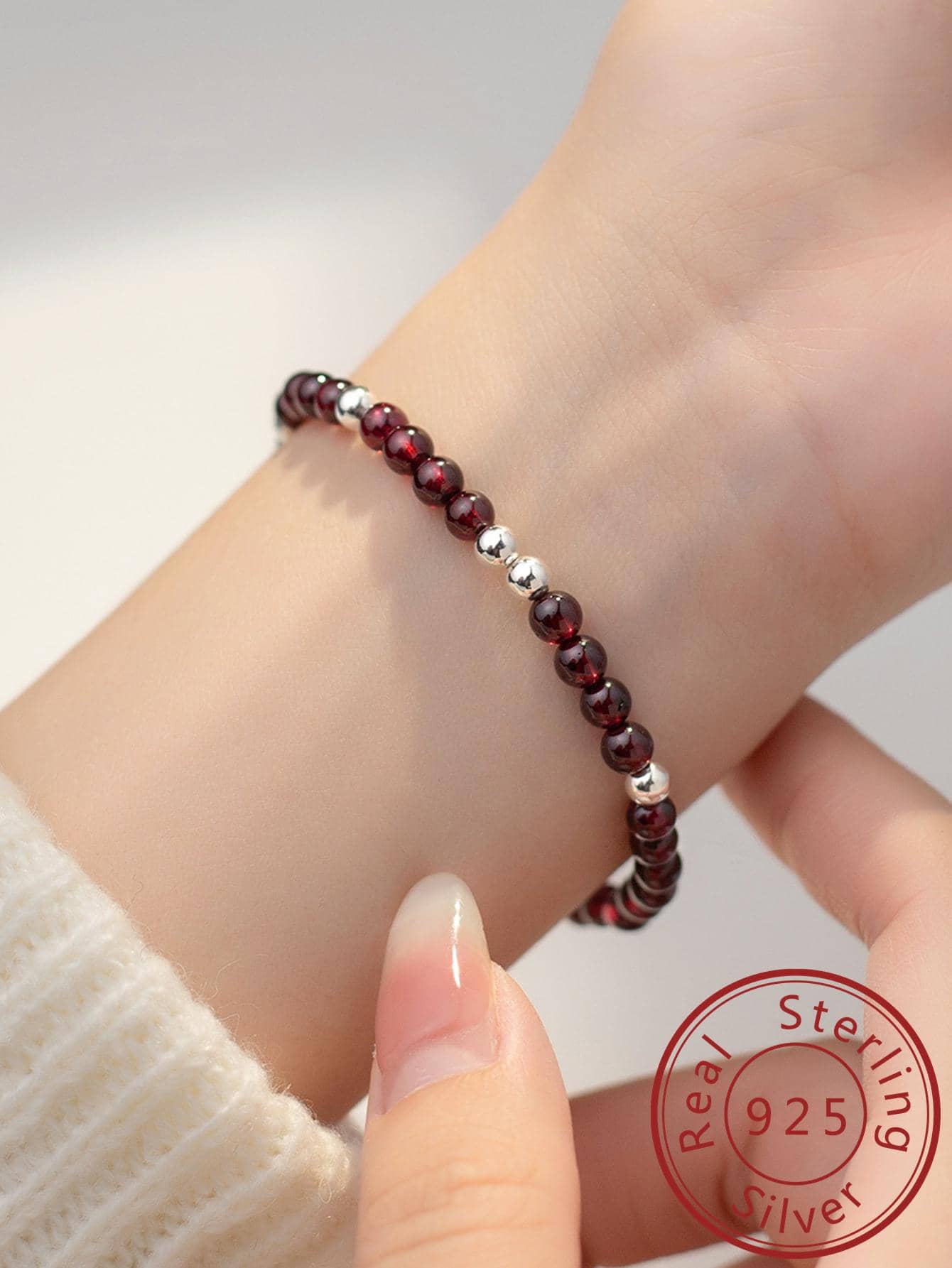 1pc Elegant Garnet Decor Sterling Silver Beaded Bracelet For Women For Daily Decoration