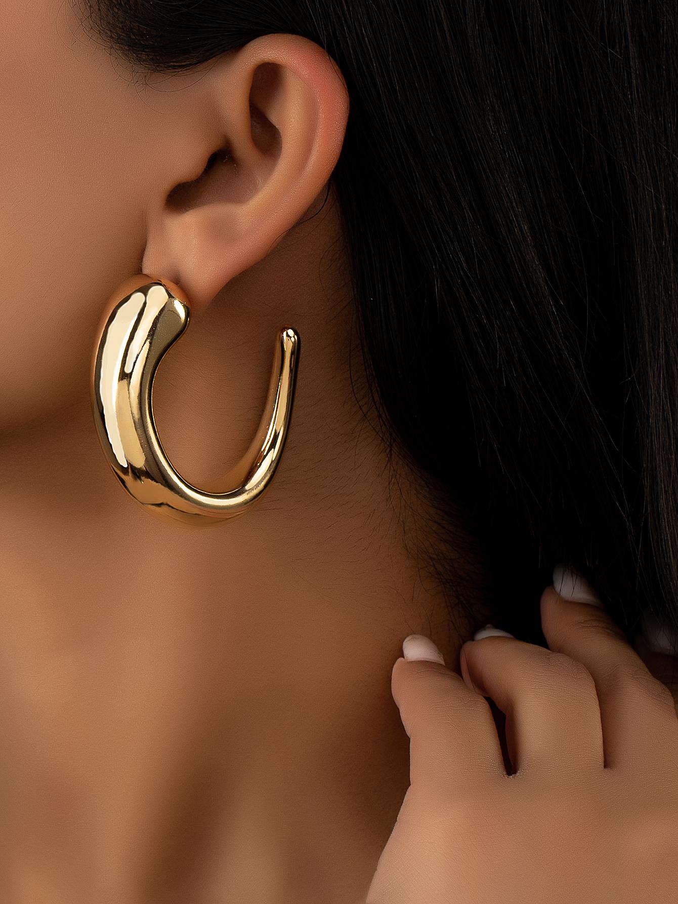 1pair Minimalist Cuff Hoop Earrings-Yellow Gold-1