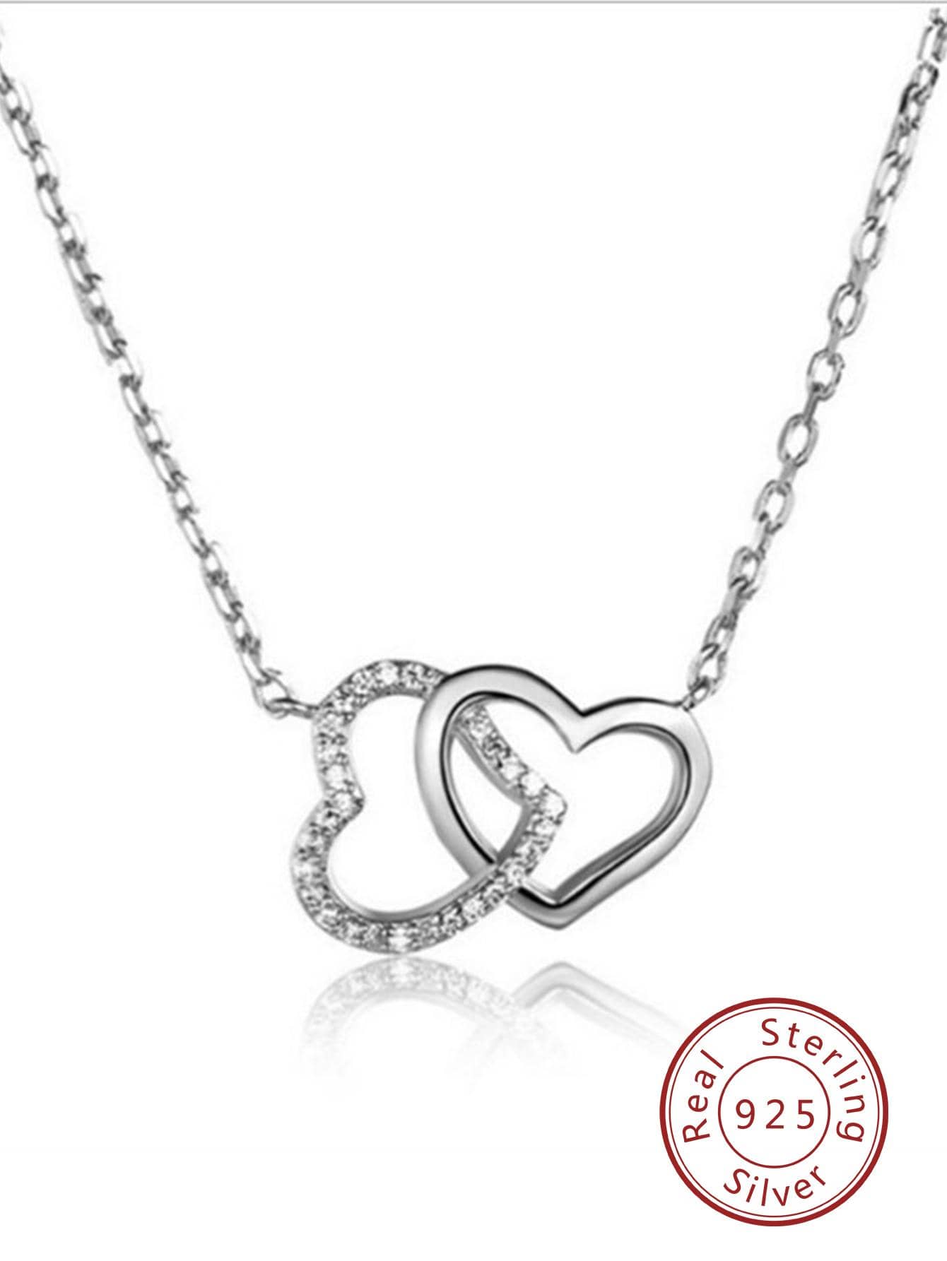 1pc Fashionable Cubic Zirconia Decor Heart Charm Sterling Silver Necklace For Women For Gift