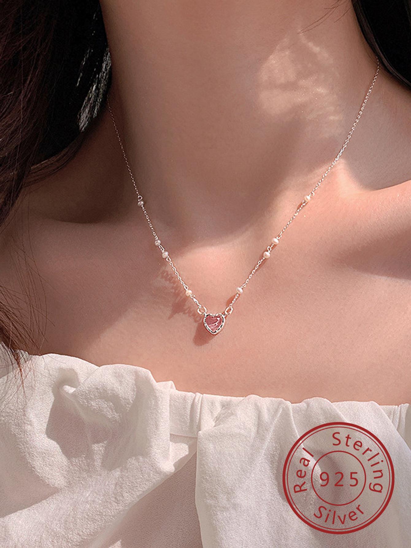 1pc Exquisite Cultured Pearl Decor Heart Sterling Silver Pendant Necklace For Women For Gift