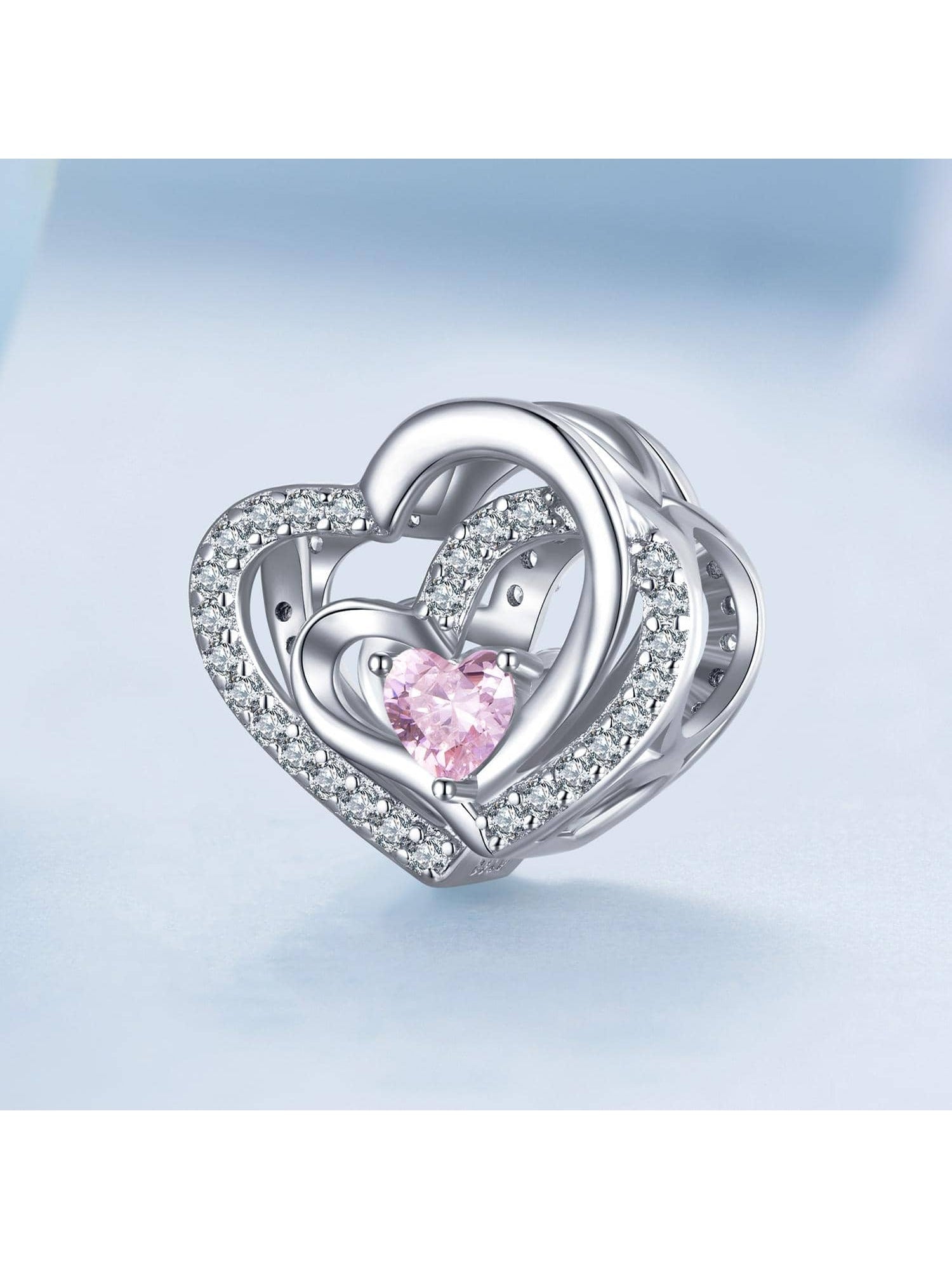 1pc 925 Sterling Silver Pink Cubic Zirconia Geometric Hollow Heart to Heart Bead For Women Original Bracelet And Bangle Jewelry