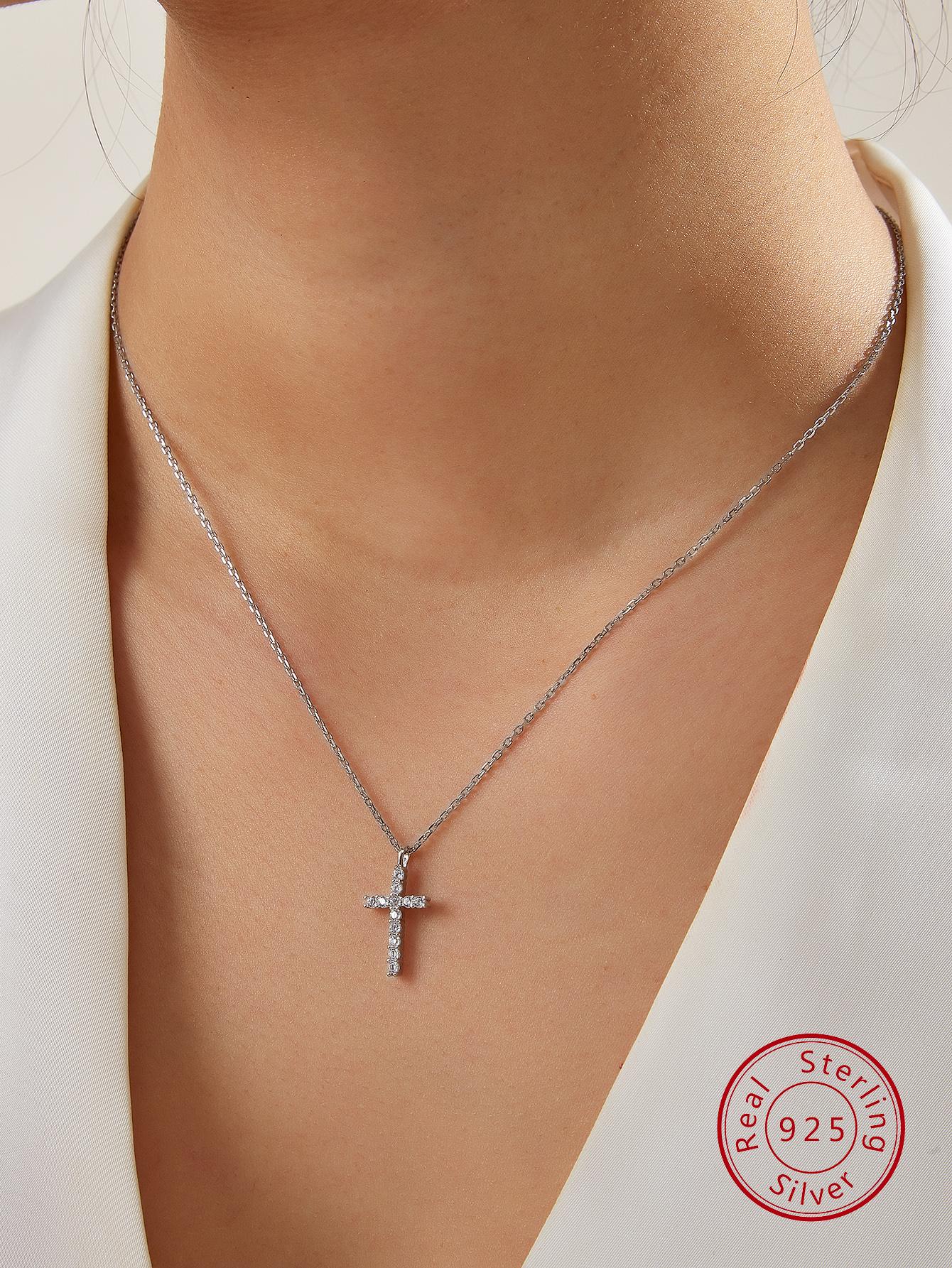 1pc Exquisite Cubic Zirconia Cross Charm Sterling Silver Necklace For Women For Daily Decoration