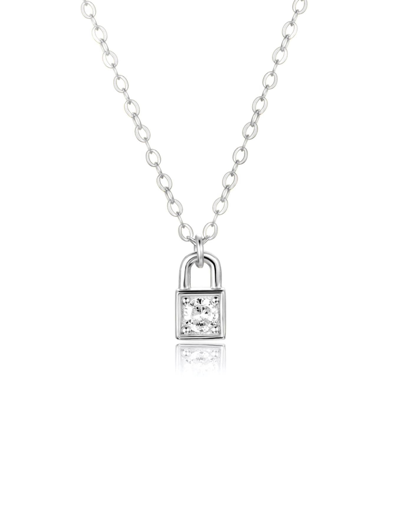 1pc Fashion Cubic Zirconia Decor Lock Pendant Sterling Silver Necklace For Women For Gift