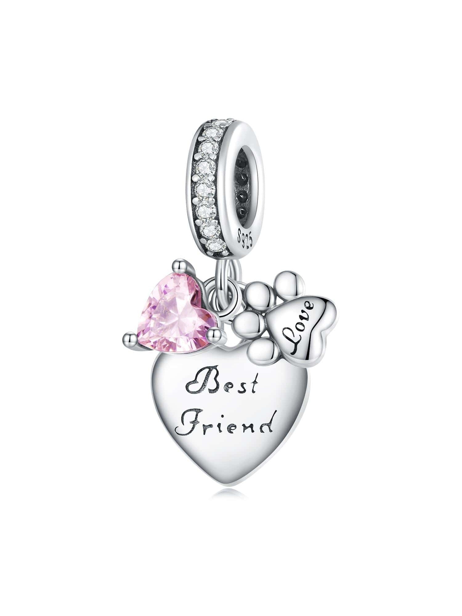 1pc 925 Sterling Silver Pink Cubic Zirconia Pet Paw Pendant Charm Heart Shape Dog Beads for Women Bracelet and Necklace DIY