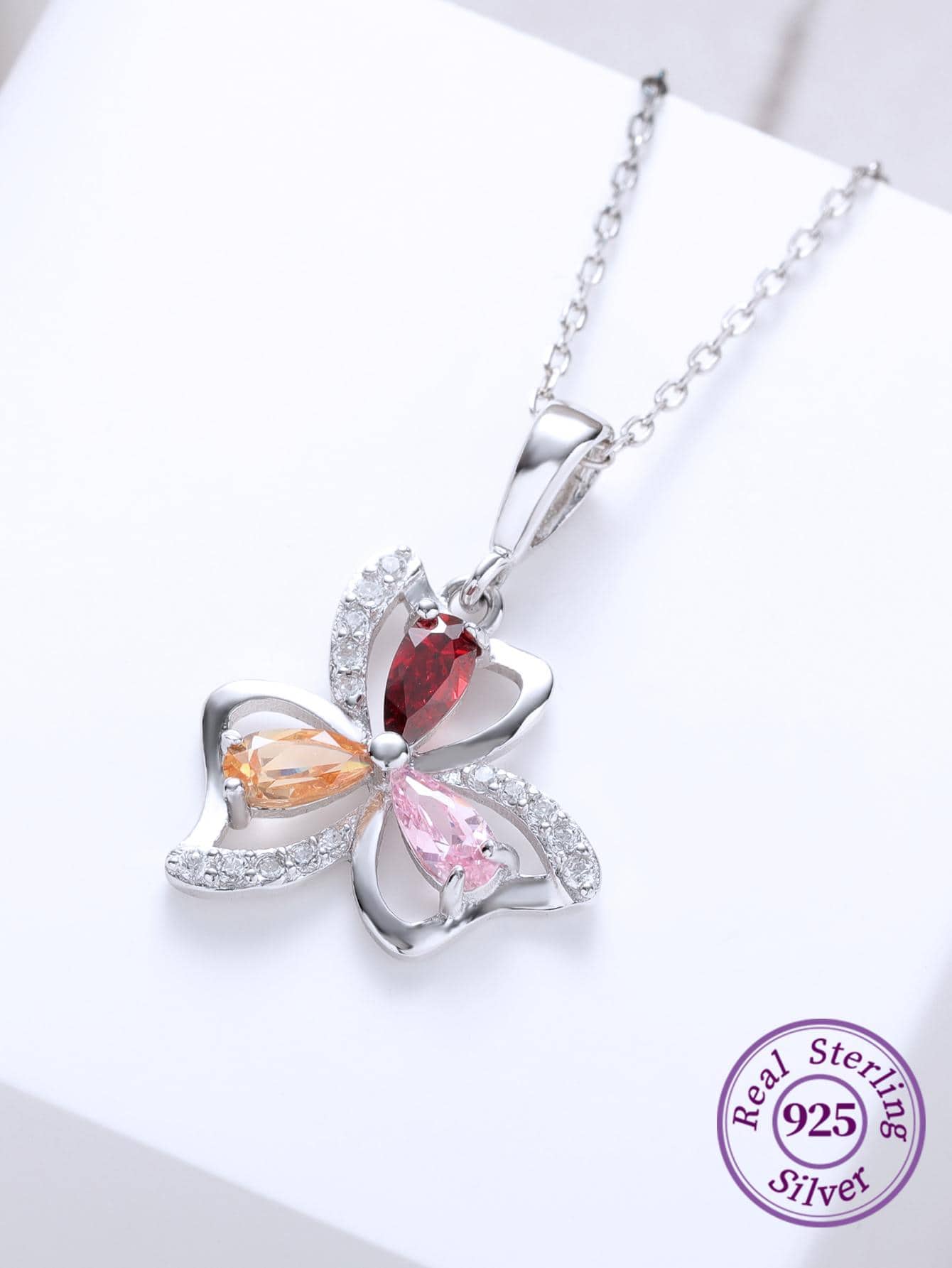 1pc Fashion Cubic Zirconia Clover Pendant Sterling Silver Necklace For Women For Gift