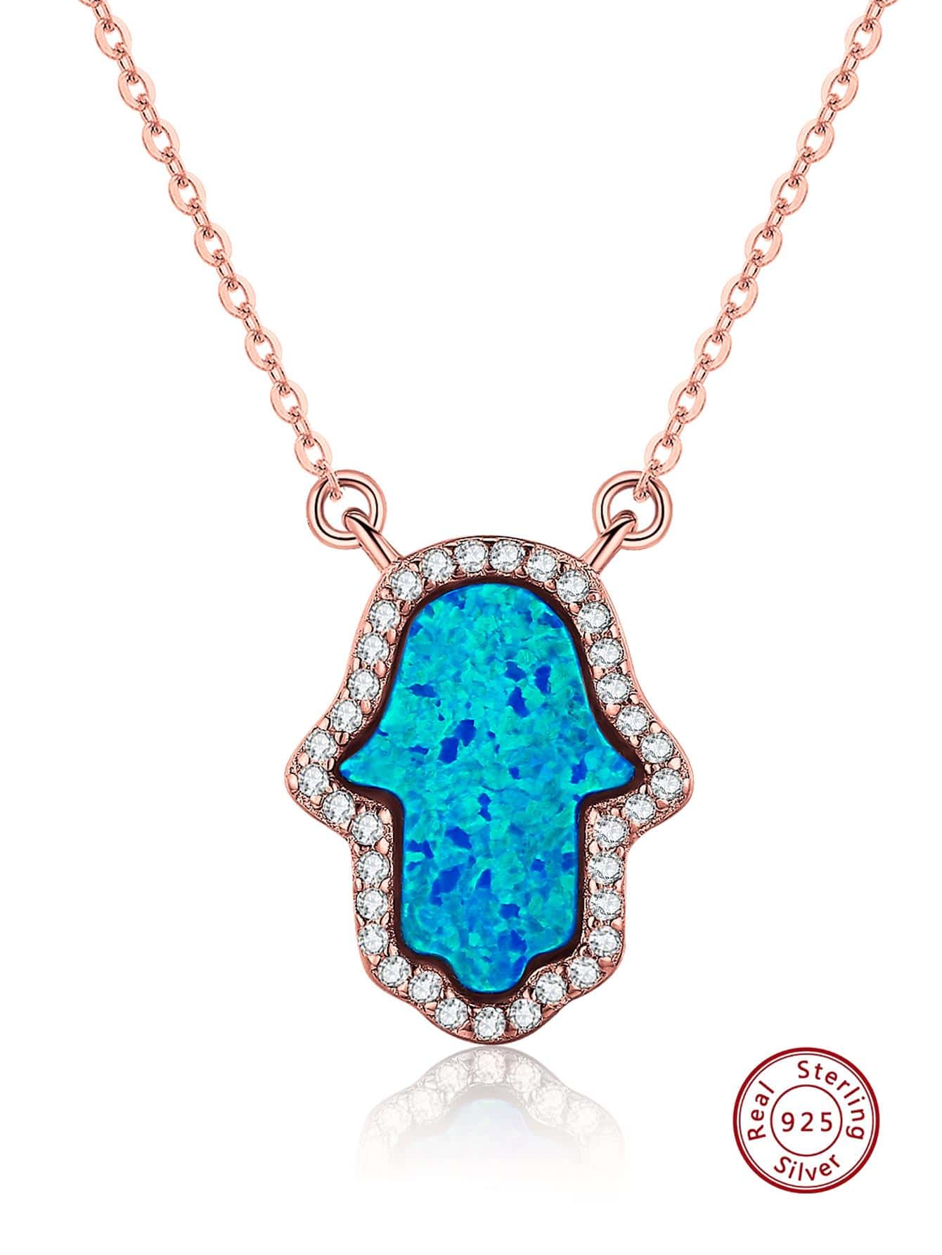 1pc Fashionable Cubic Zirconia & Opal Decor Hamsa Hand Sterling Silver Pendant Necklace For Women For Daily Decoration