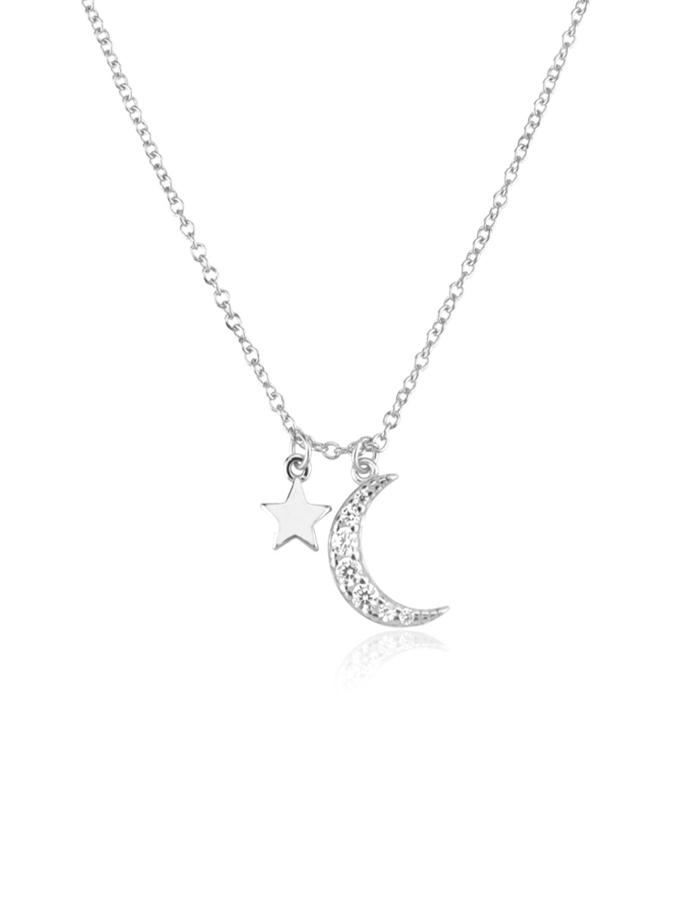 1pc Fashion Cubic Zirconia Moon & Star Pendant Sterling Silver Necklace For Women For Gift