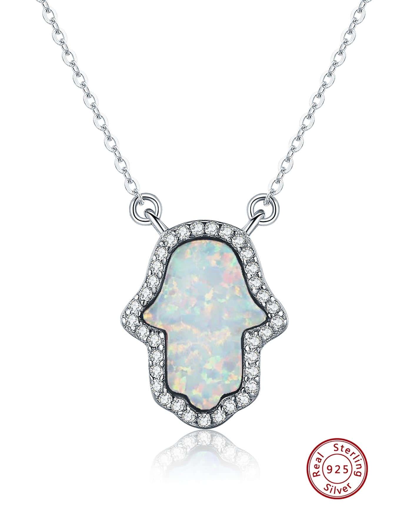 1pc Fashion Cubic Zirconia & Opal Decor Hamsa Hand Pendant Sterling Silver Necklace For Women For Gift