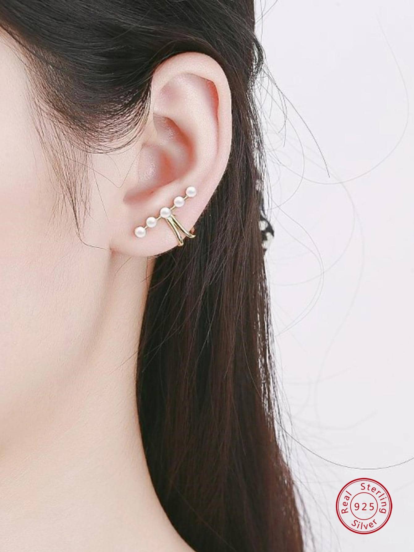 1pair Elegant Cultured Pearl Decor Sterling Silver Ear Cuffs For Women For Gift