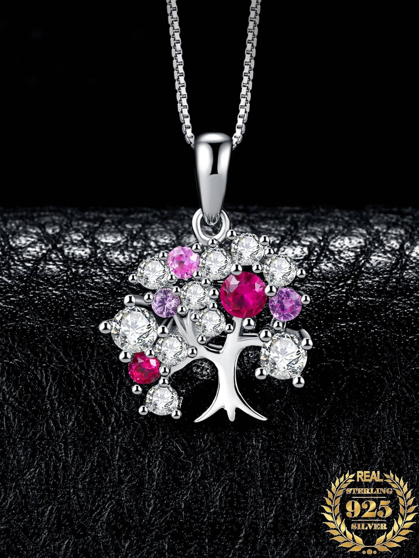 1pc Gorgeous Sterling Silver Tree Design Exquisite Round Cut Laboratory-created Pink Sapphire Silver Pendant Necklace For Women For Daily Decoration Dating Gift