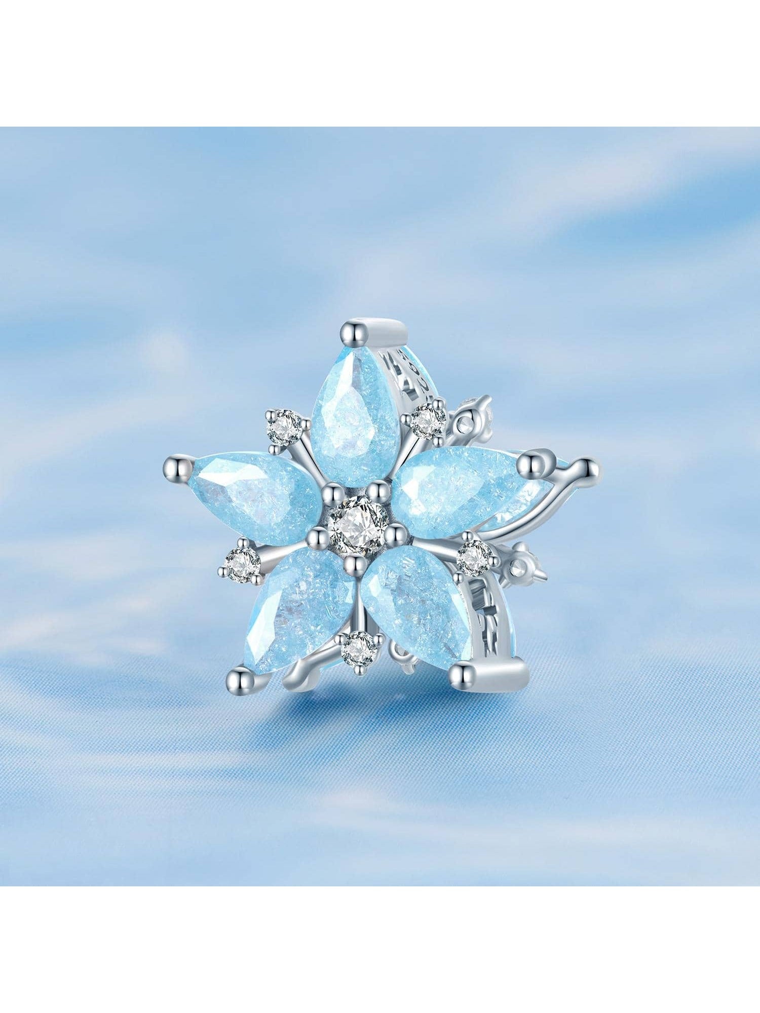 1pc 925 Sterling Silver Sky Blue Snow Flower Beads Aquamarine Cubic Zirconia Snowflake Charms For Women Bracelet Fine Jewelry