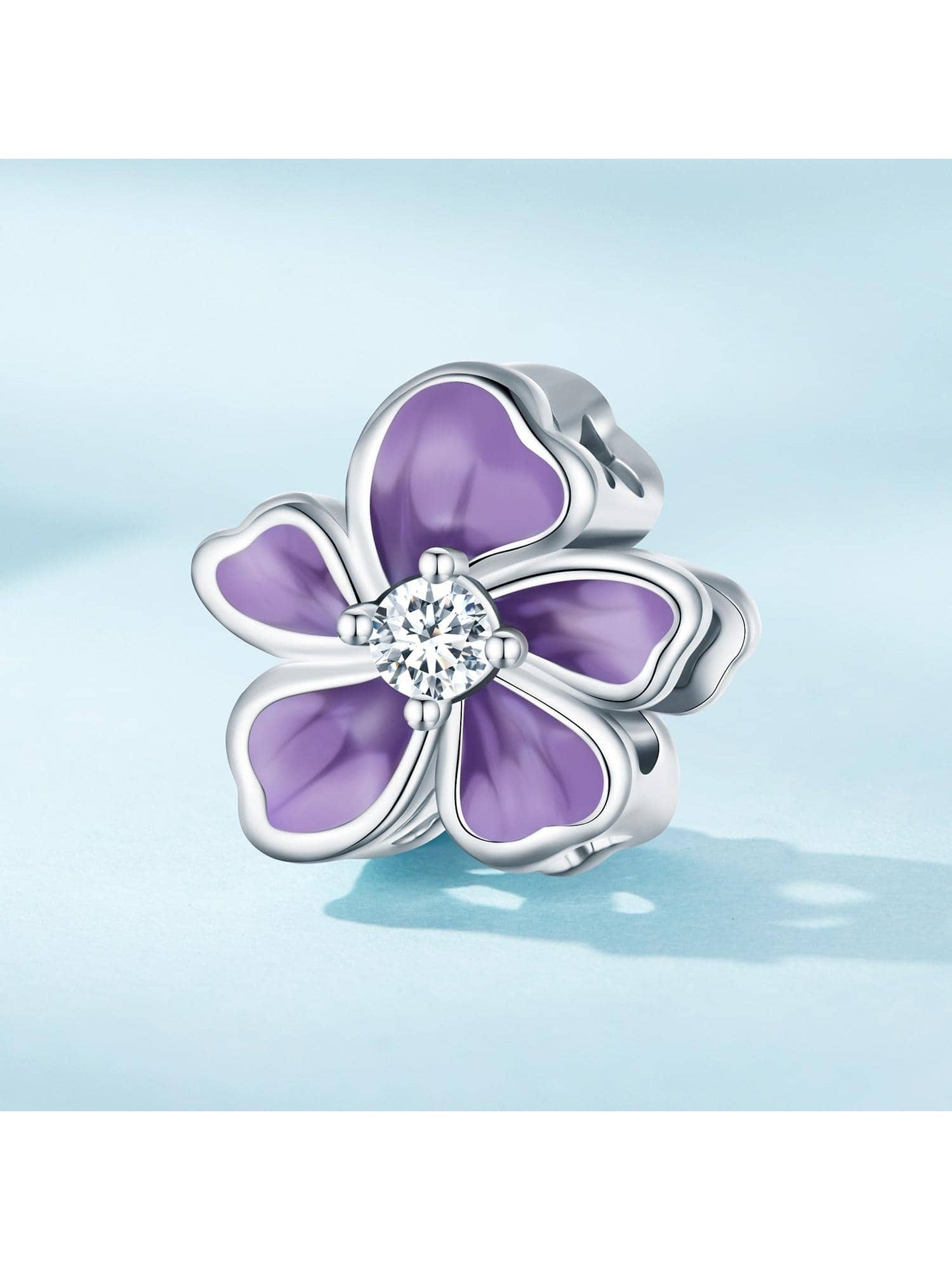 1pc 925 Sterling Silver Purple Enamel Flower Beads Clear Cubic Zirconia Charms For Women Original Bracelet Fine Jewelry