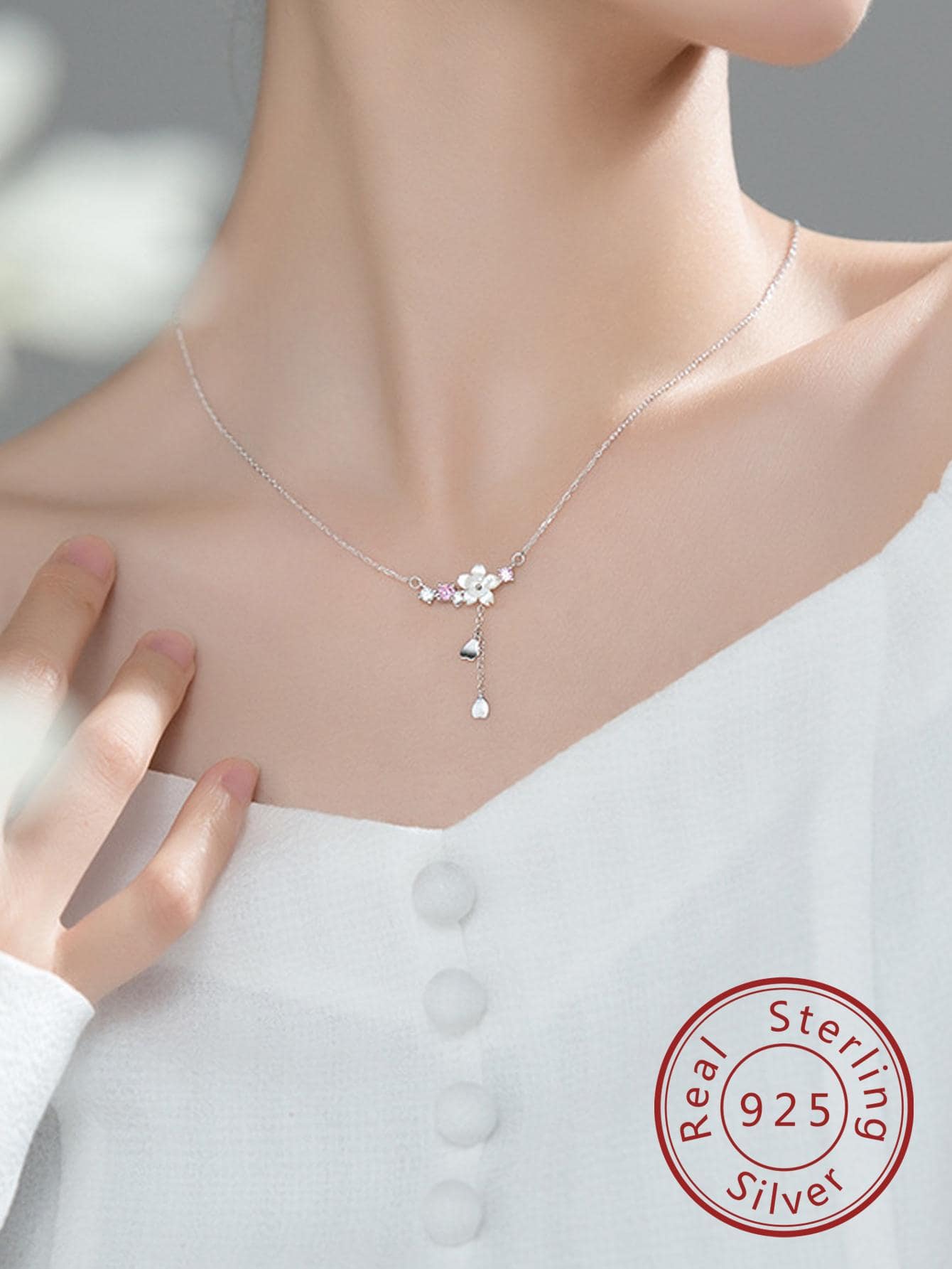 1pc Fashionable Cubic Zirconia Decor Heart & Flower Charm Sterling Silver Necklace For Women For Gift