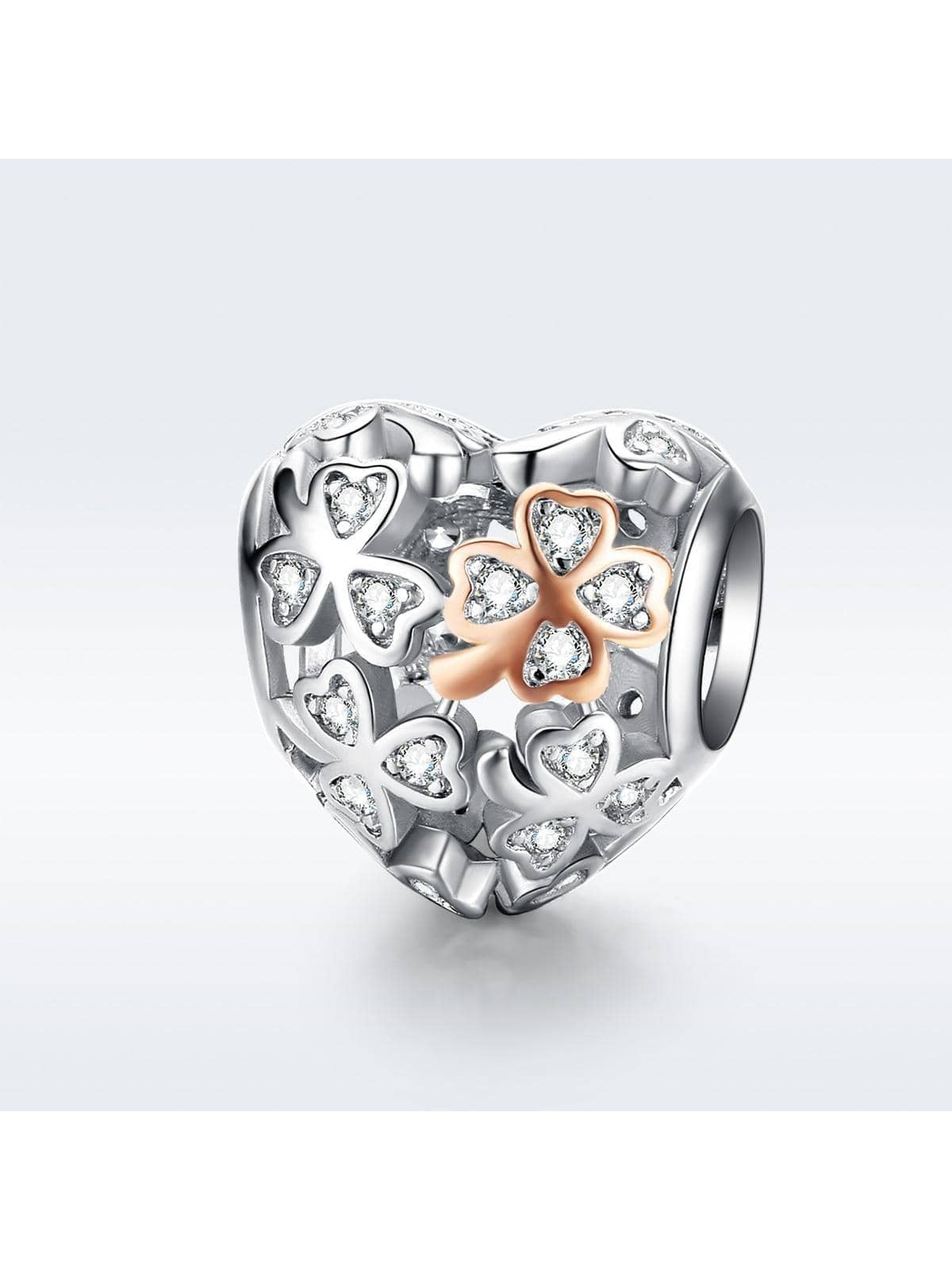 1pc Lucky Clover Heart Shape Charm For Women Luxury Brand Bracelet 3mm Rose Gold Color 925 Sterling Silver Jewelry