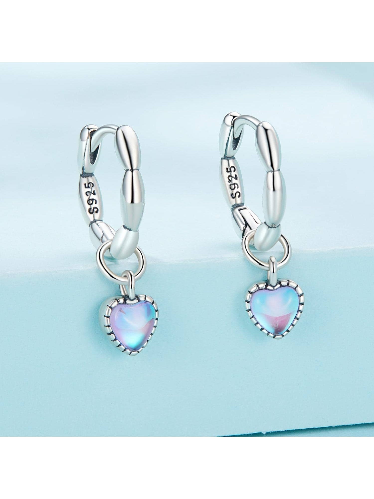 1pair 925 Sterling Silver Rainbow Crystal Love Heart Hoop Earrings Women Double Circle Wedding Drop Dangle Earrings Jewelry Gift