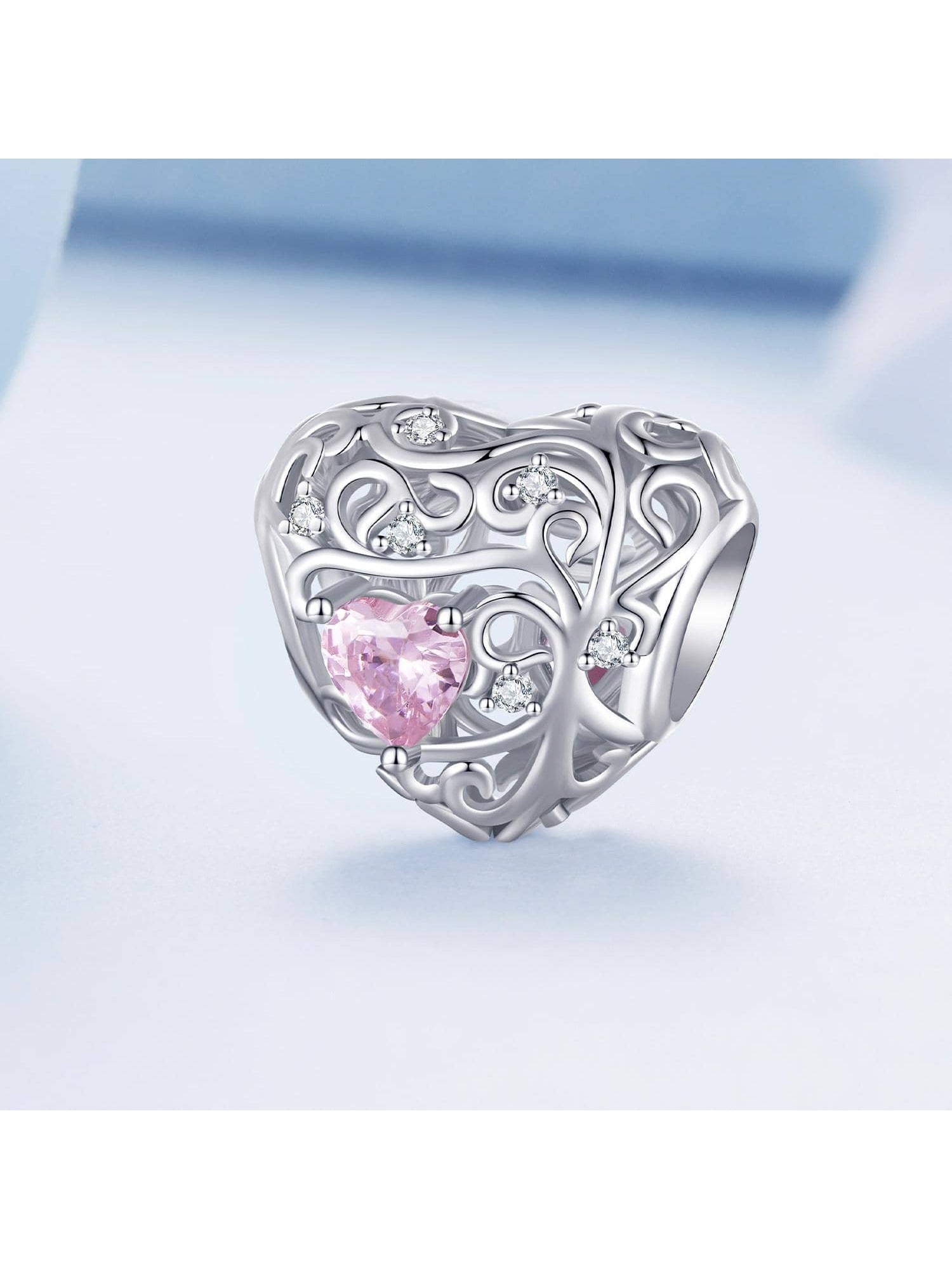 1pc 925 Sterling Silver Pink Cubic Zirconia Love Bead Vine Hollow-out Heart Charm For Women Bracelet And Bangle DIY Jewelry