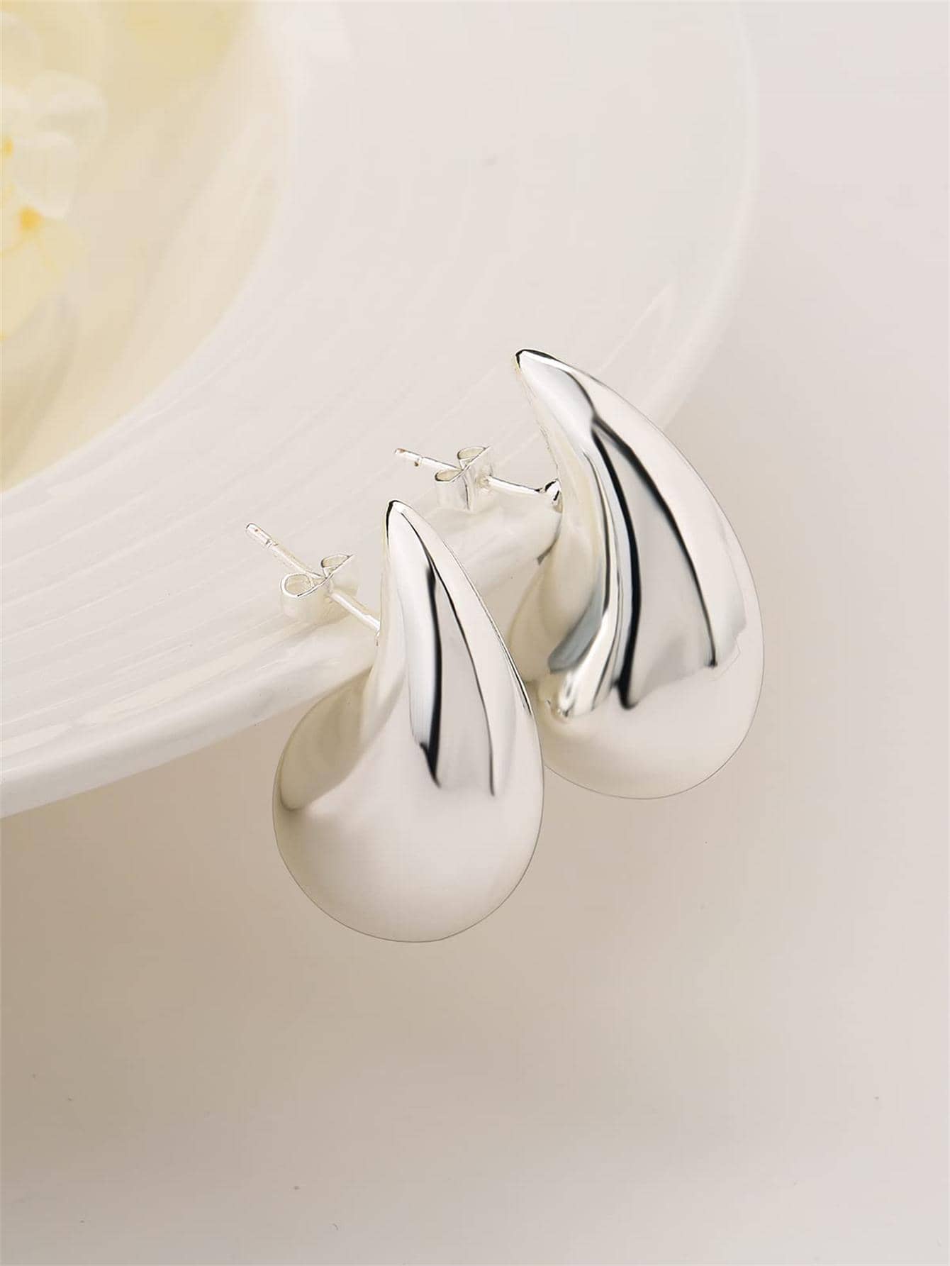 Water-drop Shaped Stud Earrings-Silver-1