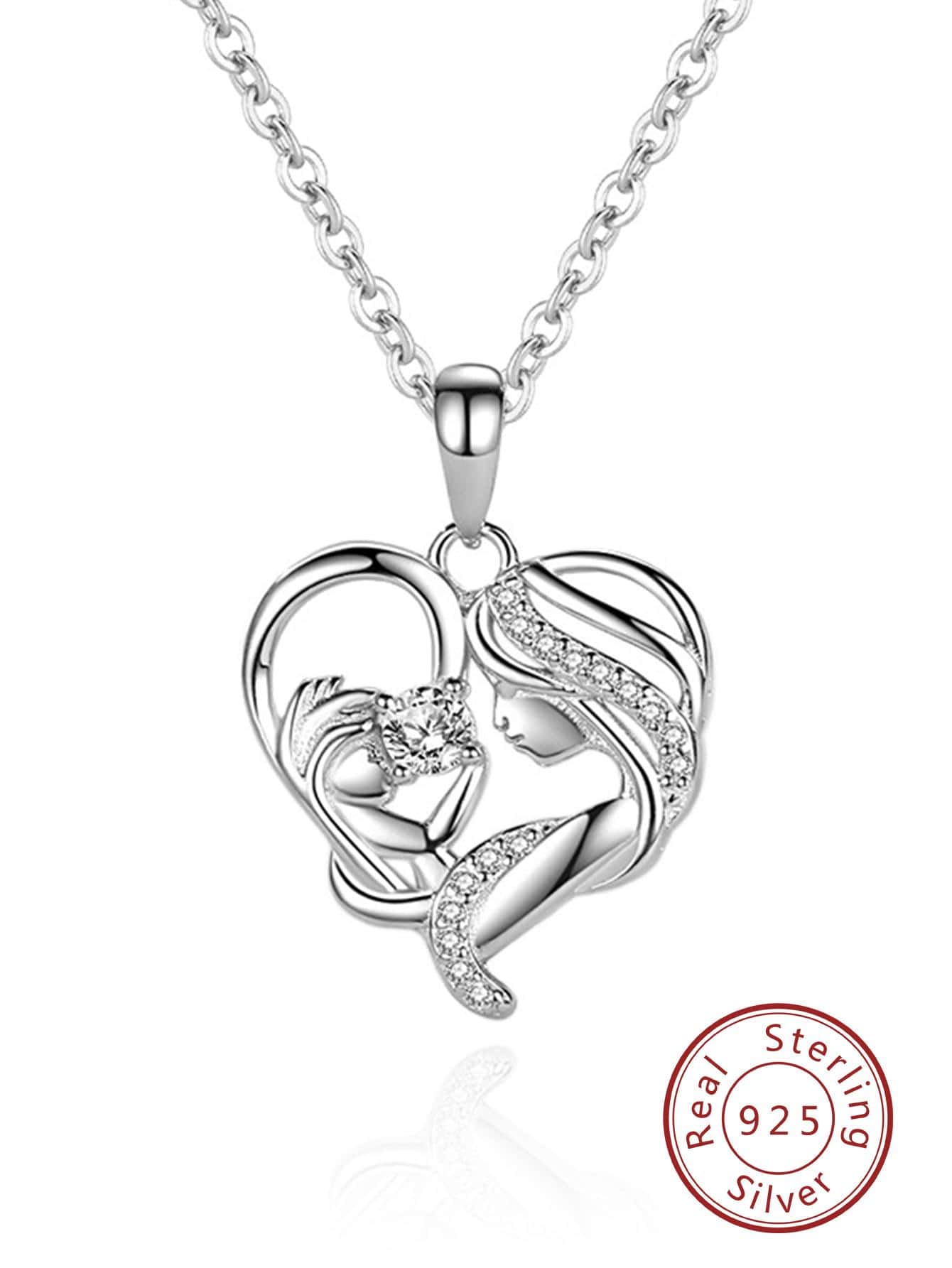 1pc Fashionable Figure & Cubic Zirconia Decor Heart Charm Sterling Silver Necklace For Women For Gift