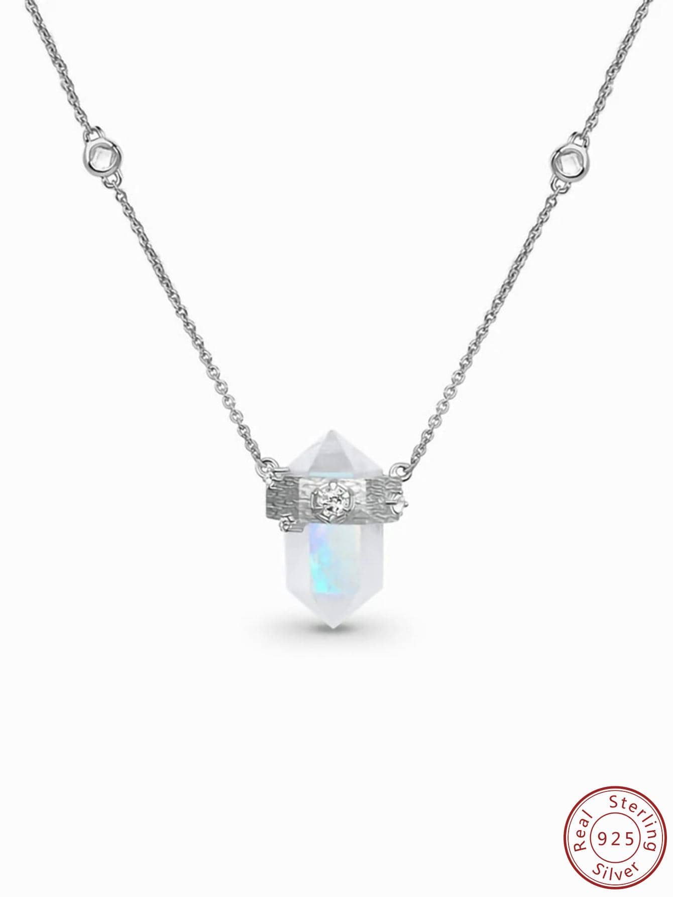 1pc Fashion Cubic Zirconia Decor Moonstone Pendant Sterling Silver Necklace For Women For Gift