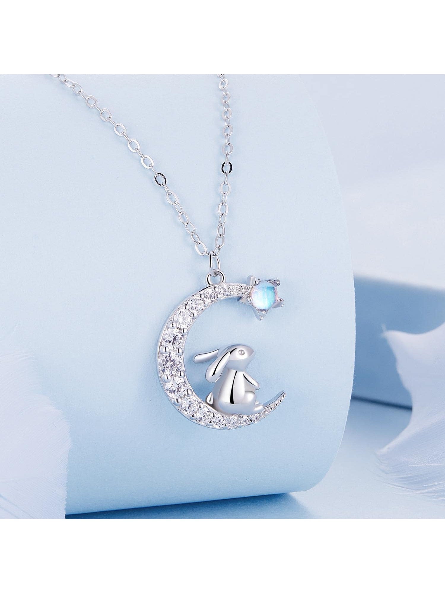 1pc 925 Sterling Silver Crescent Moon Pendant Necklace Cute Rabbit Neck Chain for Women Birthday Gift Fine Jewelry