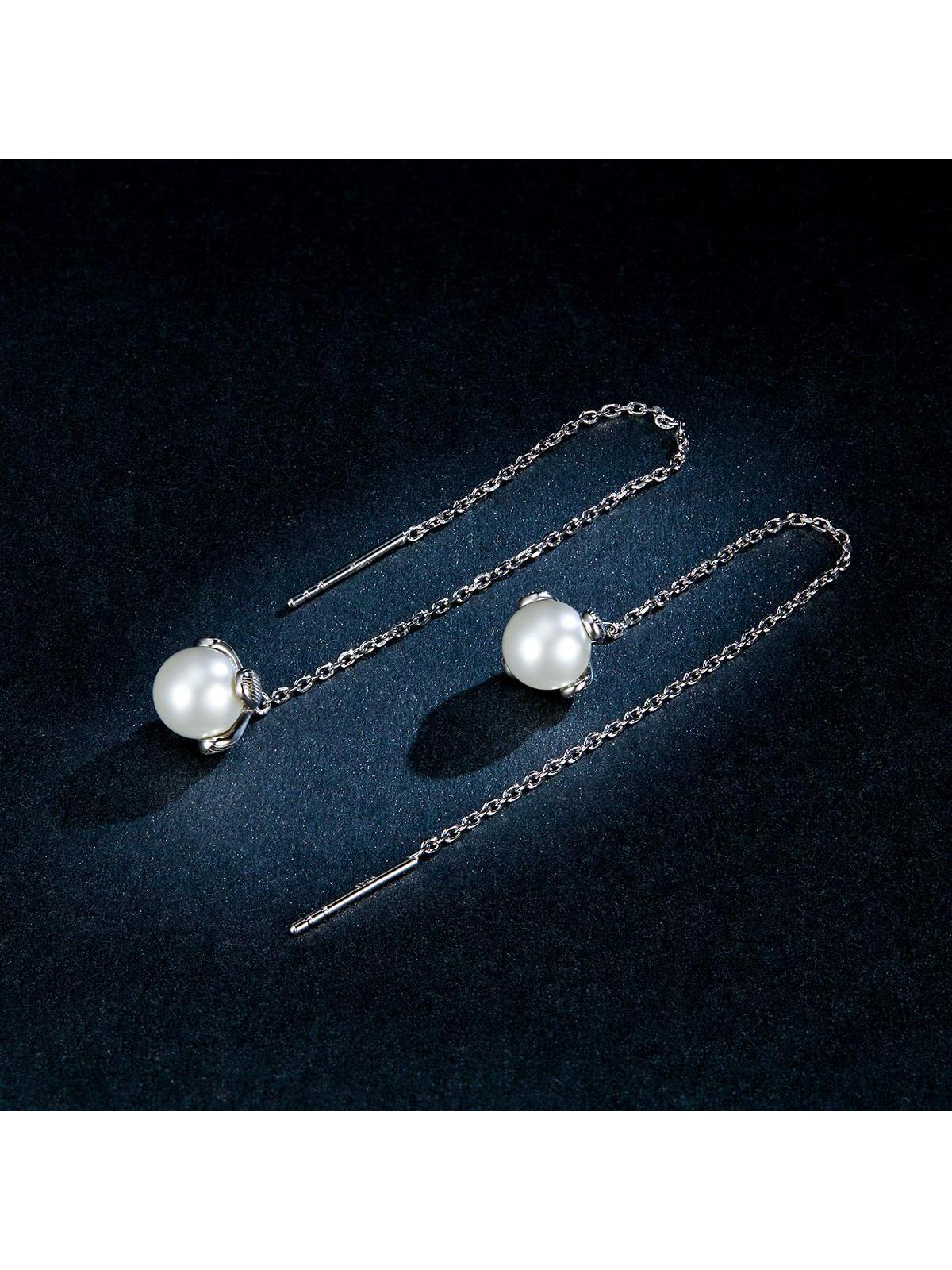 1pair 925 Sterling Silver Shell Faux Pearl Long Chain Drop Dangle Earrings For Women Elegant Wedding Statement Jewelry