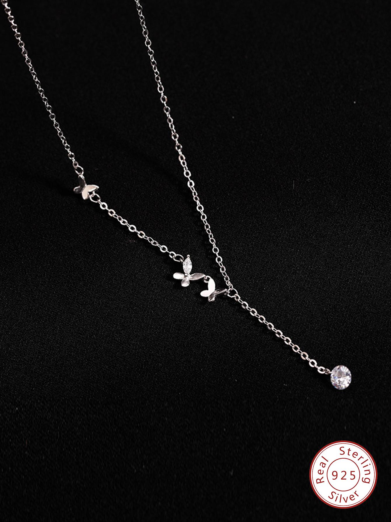 1pc Fashionable Butterfly & Cubic Zirconia Charm Sterling Silver Y Lariat Necklace For Women For Gift