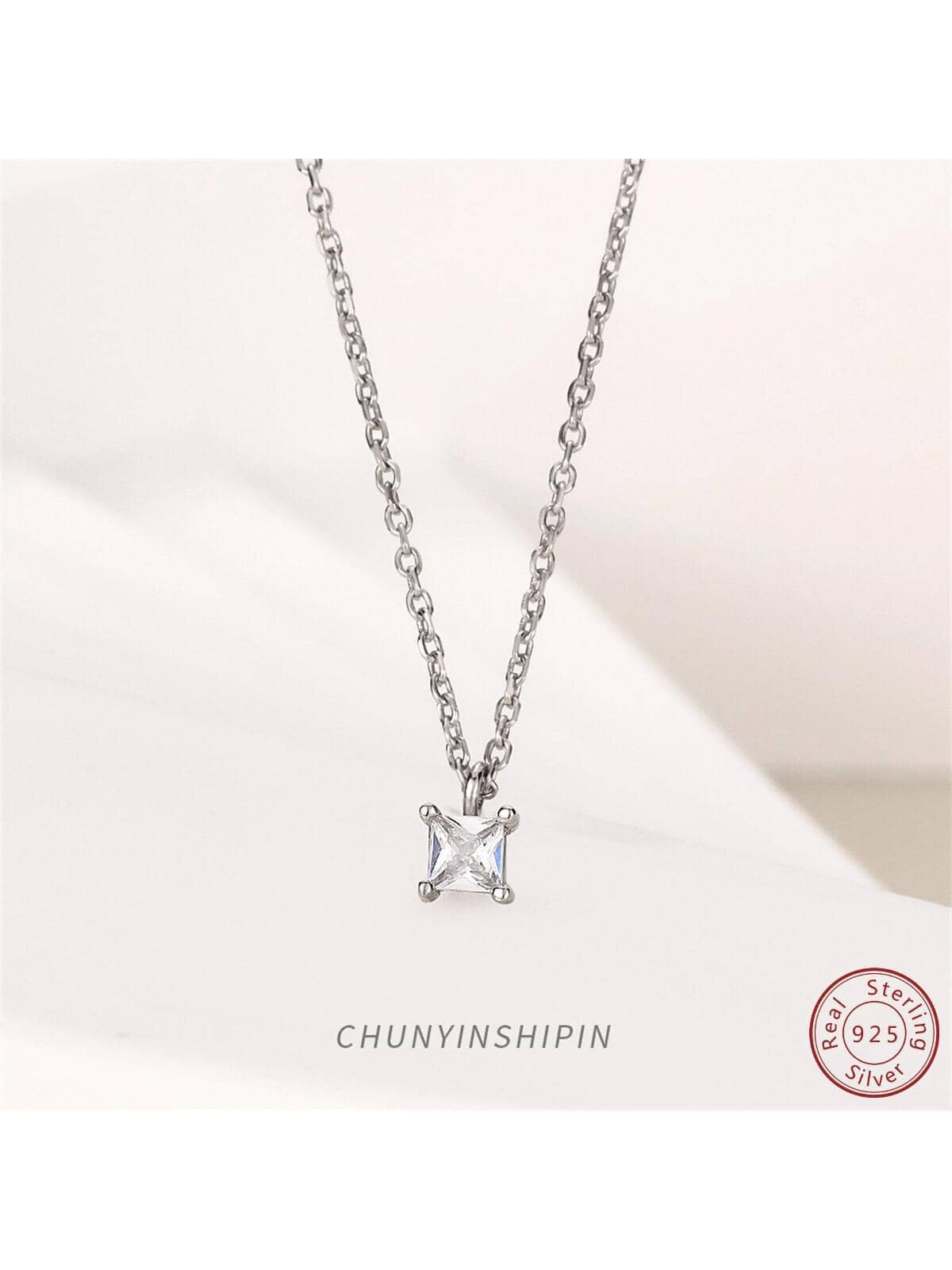 1pc Exquisite Cubic Zirconia Decor Square Sterling Silver Pendant Necklace For Women For Daily Decoration