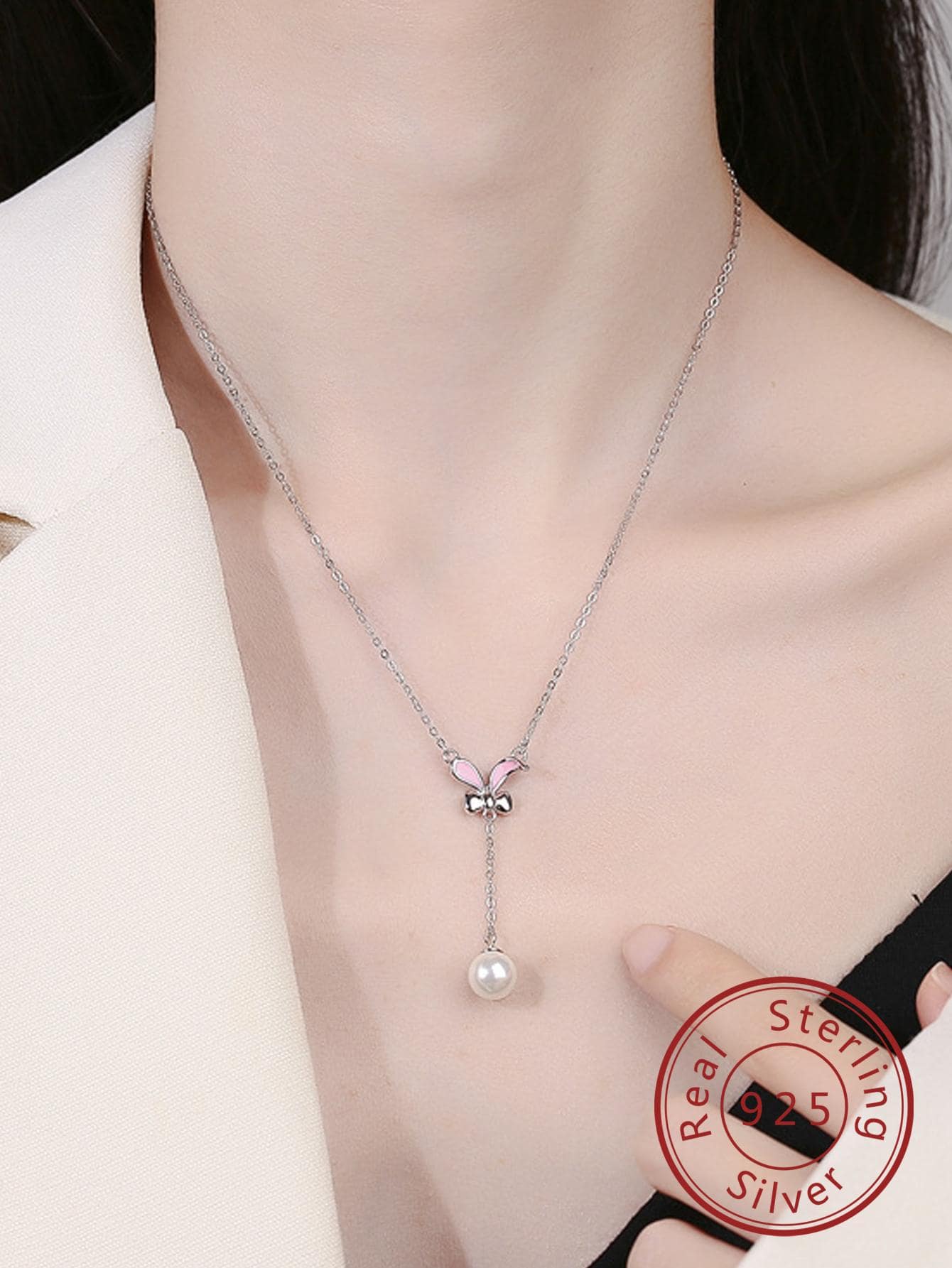 1pc Fashionable Rabbit Ear & Cultured Pearl Charm Sterling Silver Necklace For Women For Gift