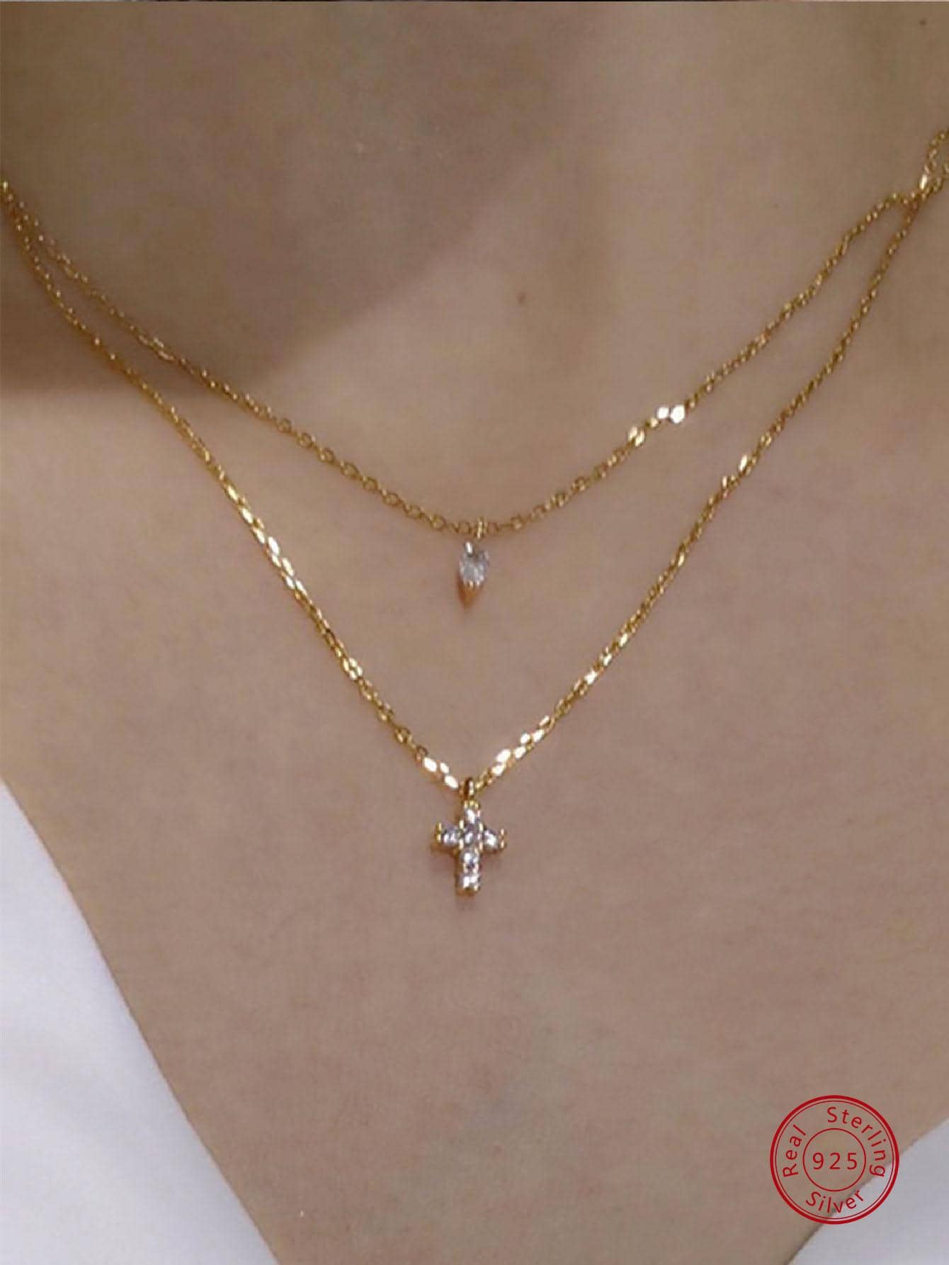 1pc Fashion Sterling Silver Rhinestone Decor Cross Water Drop Charm Silver Layered Necklace For Women For Daily Decoration