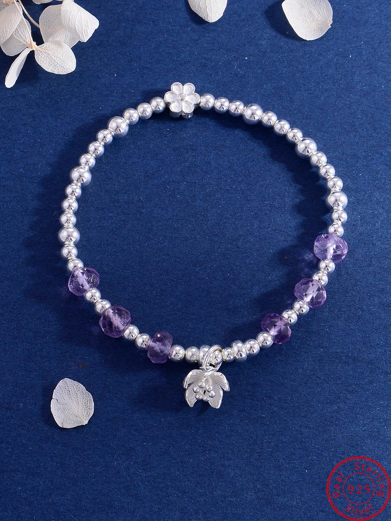 1pc Exquisite Flower Charm Natural Crystal Decor Silver Beaded Bracelet For Women For Friend Gift