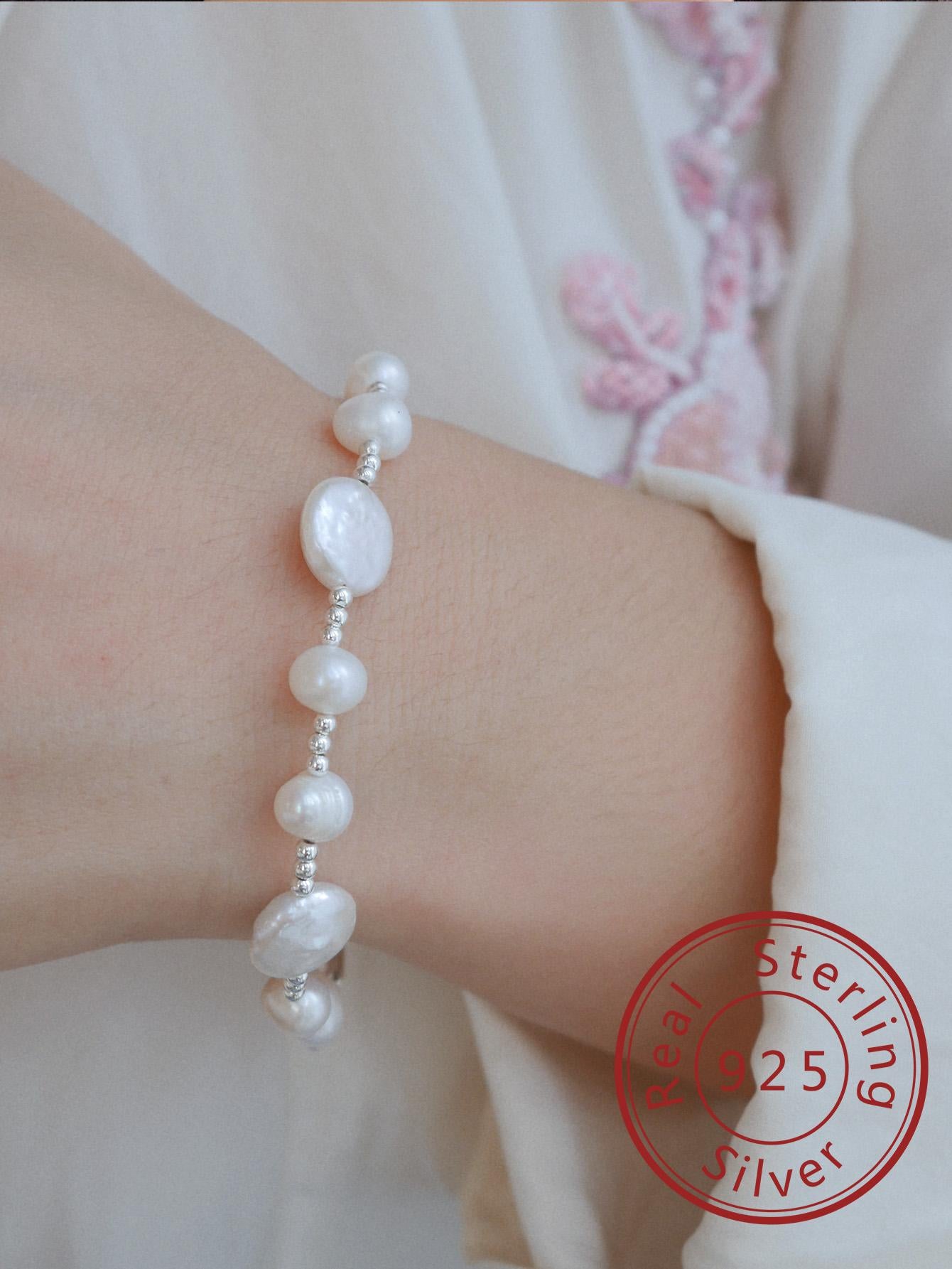 1pc Elegant White Cultured Pearl Sterling Silver Bracelet For Women For Daily Decoration Dating Gift