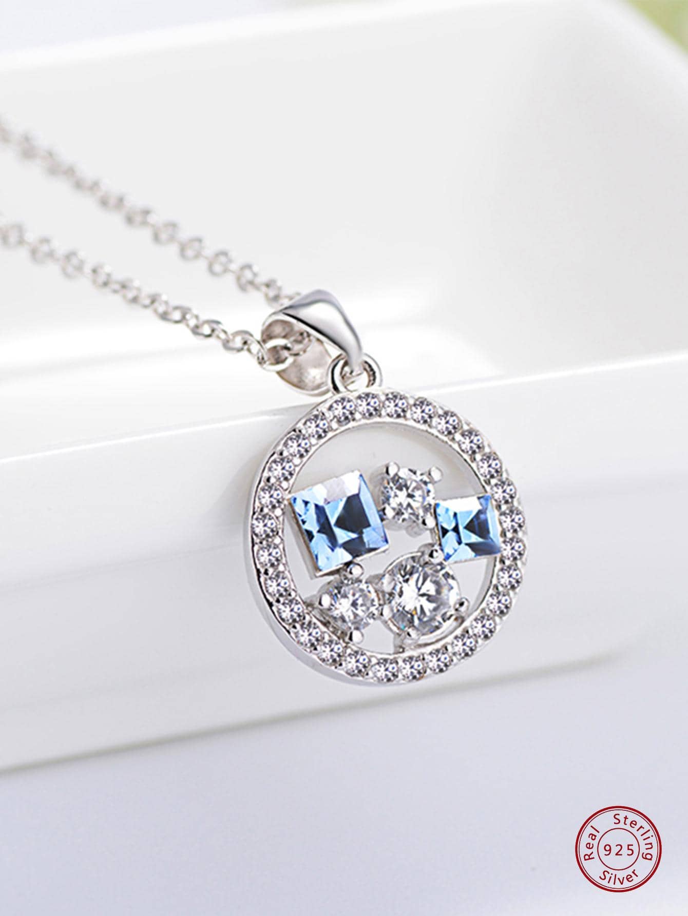 1pc Elegant Blue Artificial Crystal Sterling Silver Pendant Necklace For Women For Daily Decoration Dating Gift