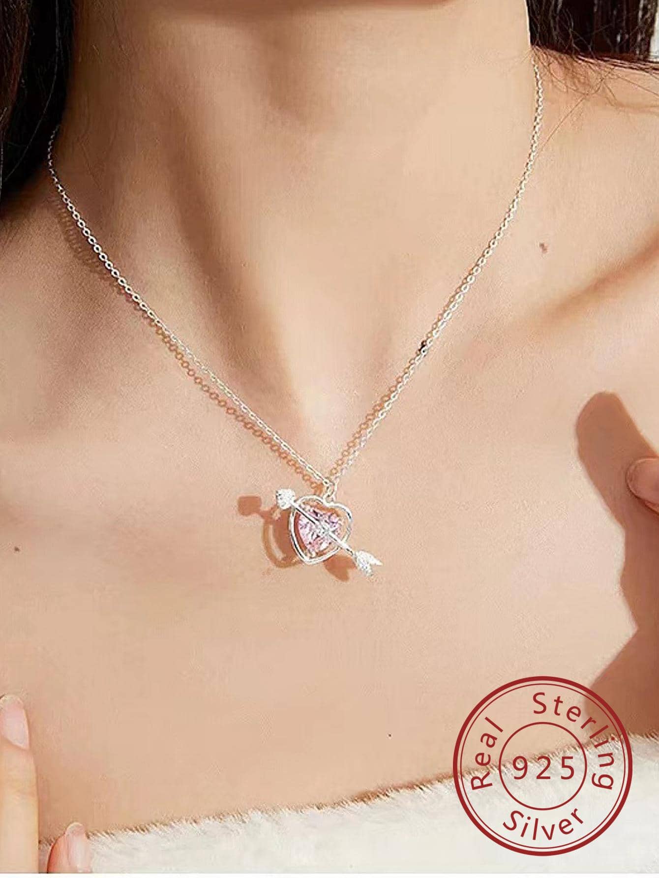 1pc 925 Sterling Silver Cupid's Arrow Necklace With Pink Heart Shaped Cubic Zirconia Pendant, Delicate Fashionable Gift Necklace