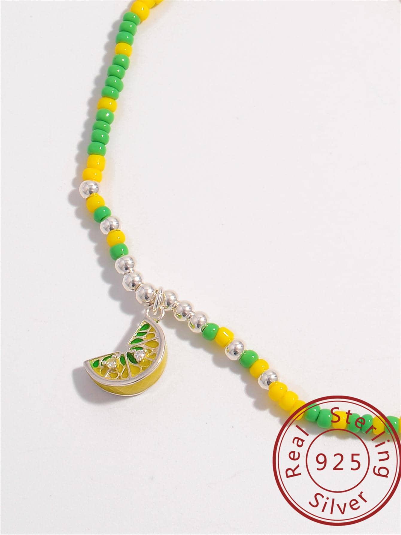 1pc Boho Green & Yellow Rhinestone Lemon Pendant Sterling Silver Bracelet For Women For Spring Summer Decoration