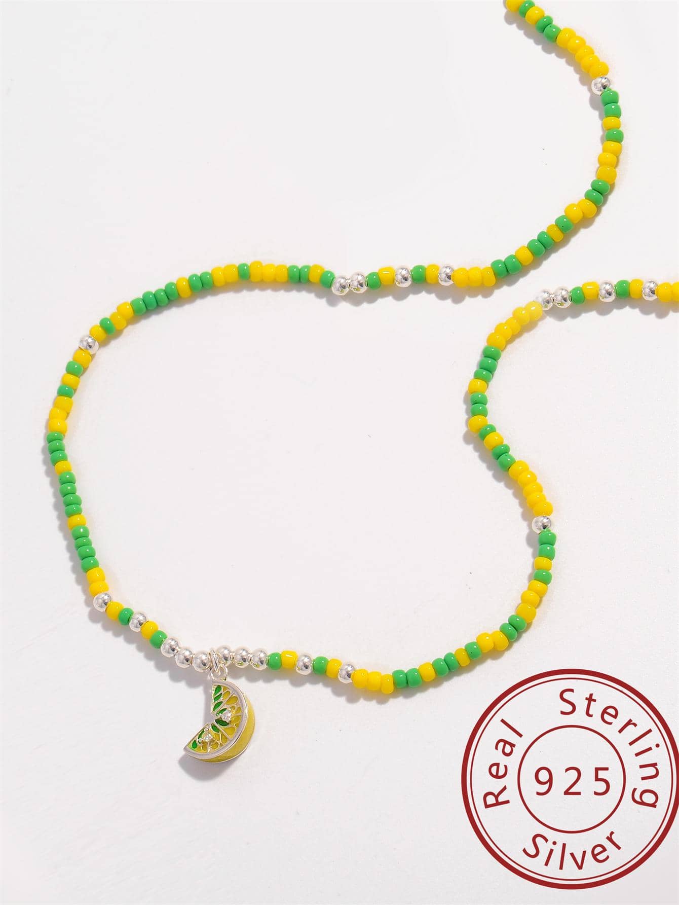 1pc Boho Green & Yellow Sterling Silver Beaded Necklace For Women For Spring Summer Decoration