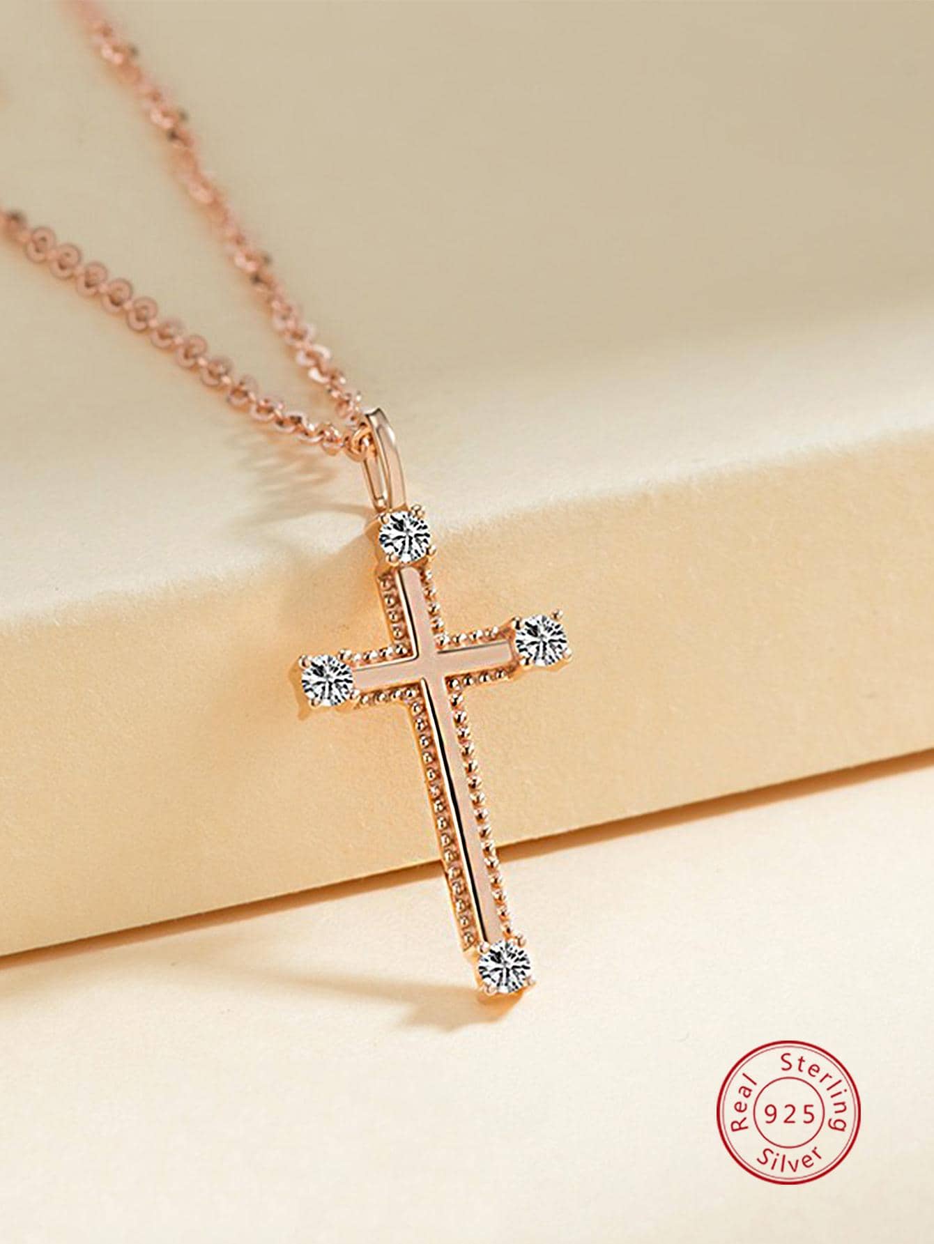 1pc Fashionable Cubic Zirconia Decor Cross Charm Sterling Silver Necklace For Women For Daily Decoration