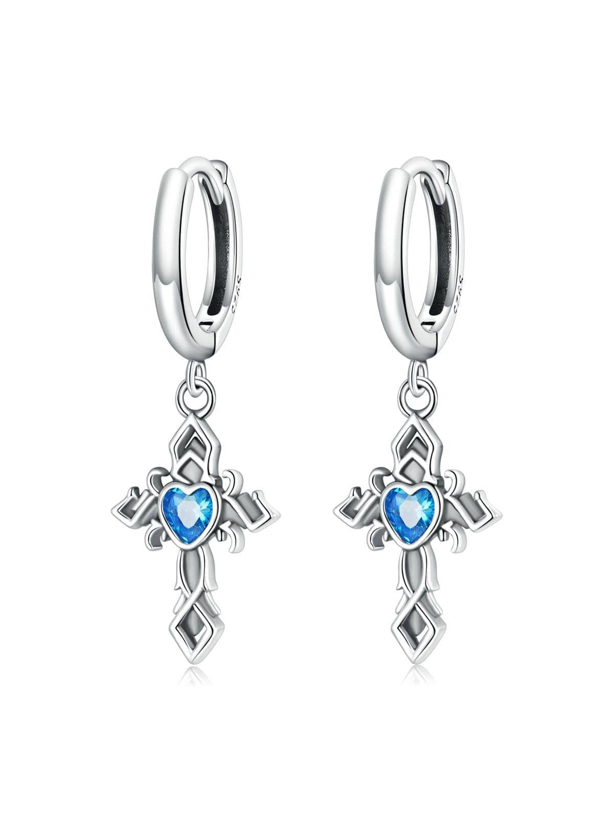 1pair 925 Sterling Silver Blue Heart Stone Vintage Cross Drop Pendant Women Ear Buckles Fine Jewelry Party Wedding Gift