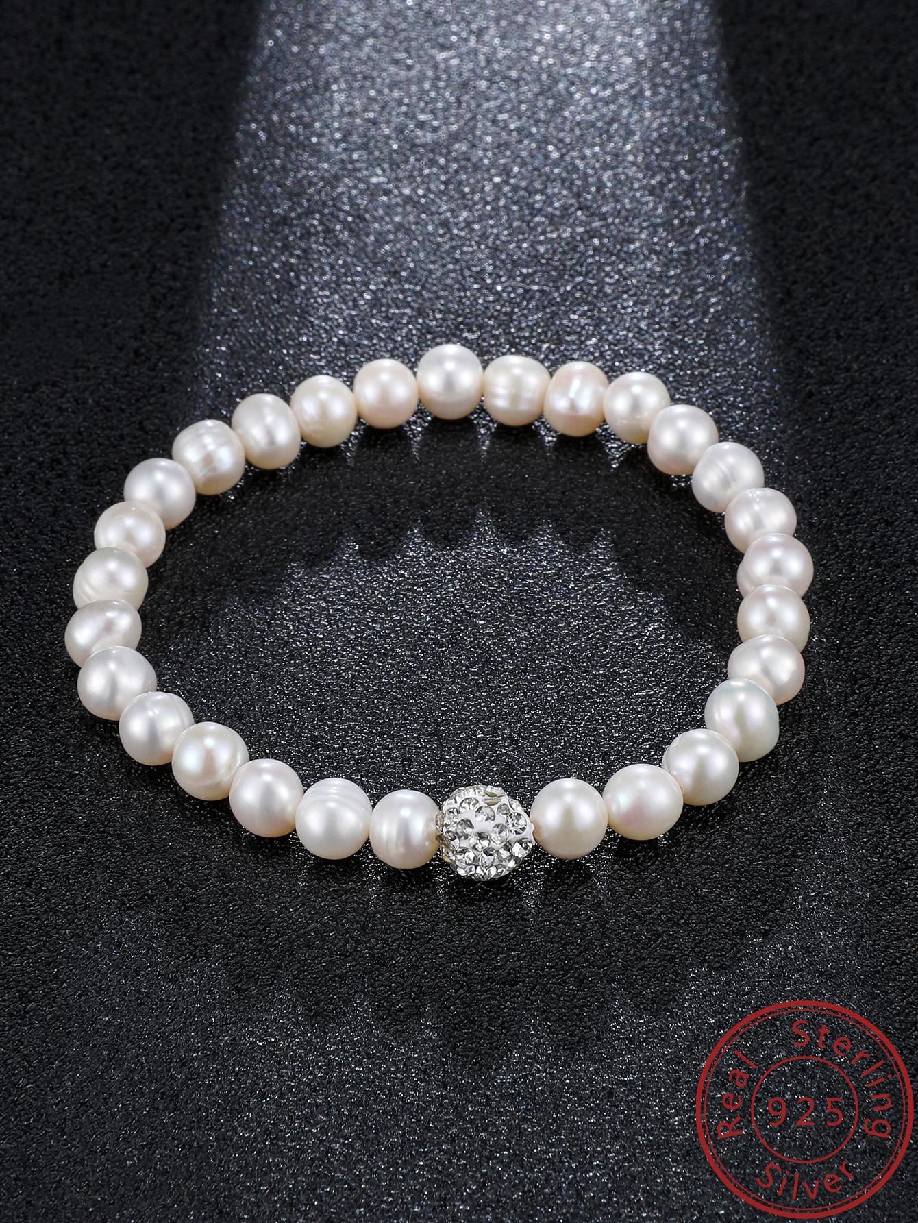 1pc Elegant Rhinestone Decor Cultured Pearl Beaded Sterling Silver Bracelet For Women For Gift