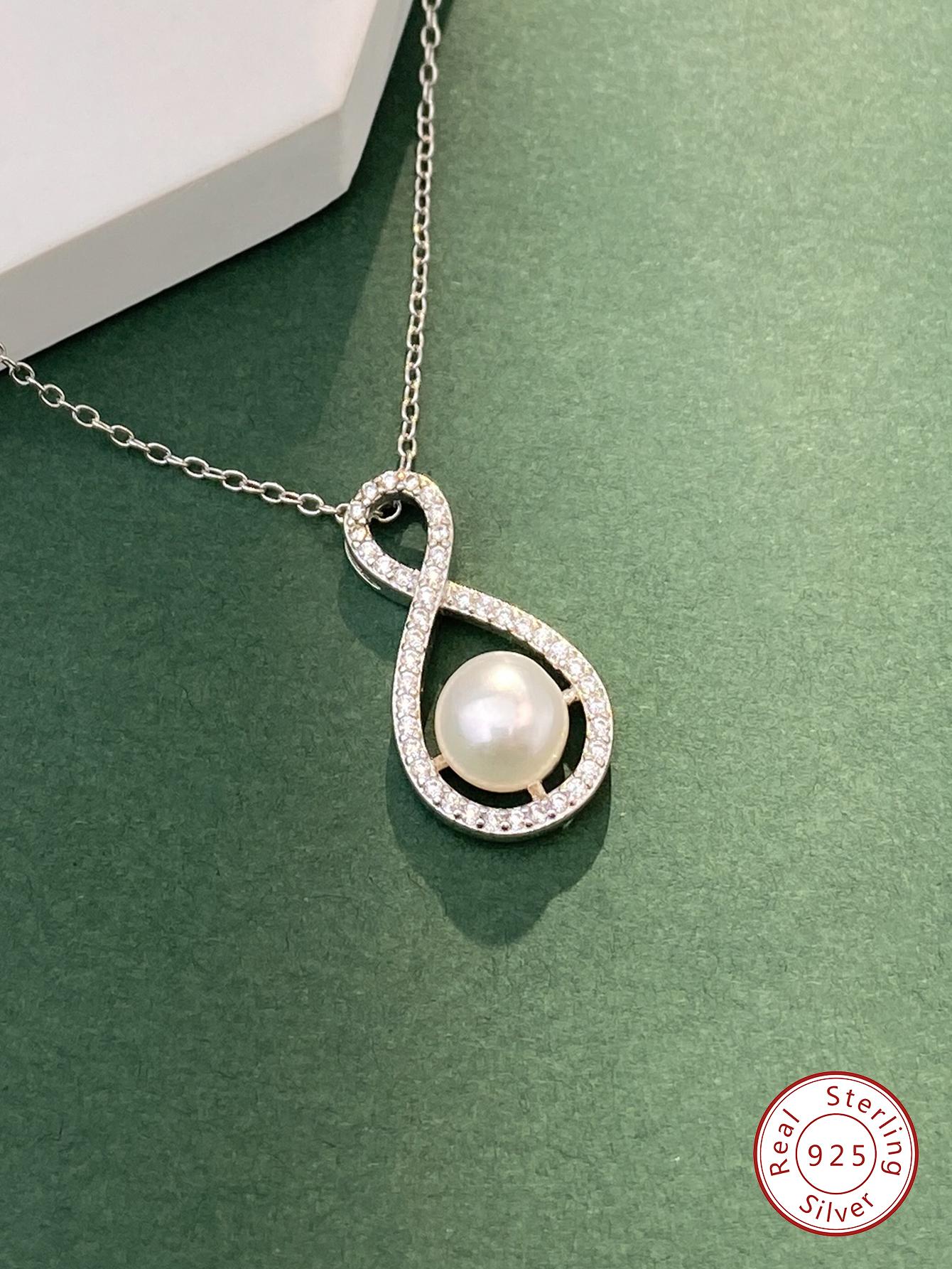 1pc Fashion Cultured Pearl Decor Cubic Zirconia Infinity Symbol Pendant Sterling Silver Necklace For Women For Gift